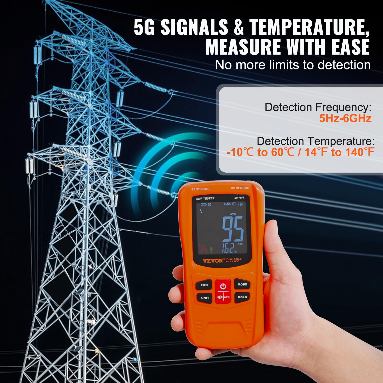 3-in-1 EMF Meter, 5Hz-6GHz, Handheld Rechargeable Electromagnetic Field Radiation Detector, Digital LCD EMF Tester for EF MF RF Home Inspections Outdoor Ghost Hunting 5G Cell Tower Temperature - Image 3