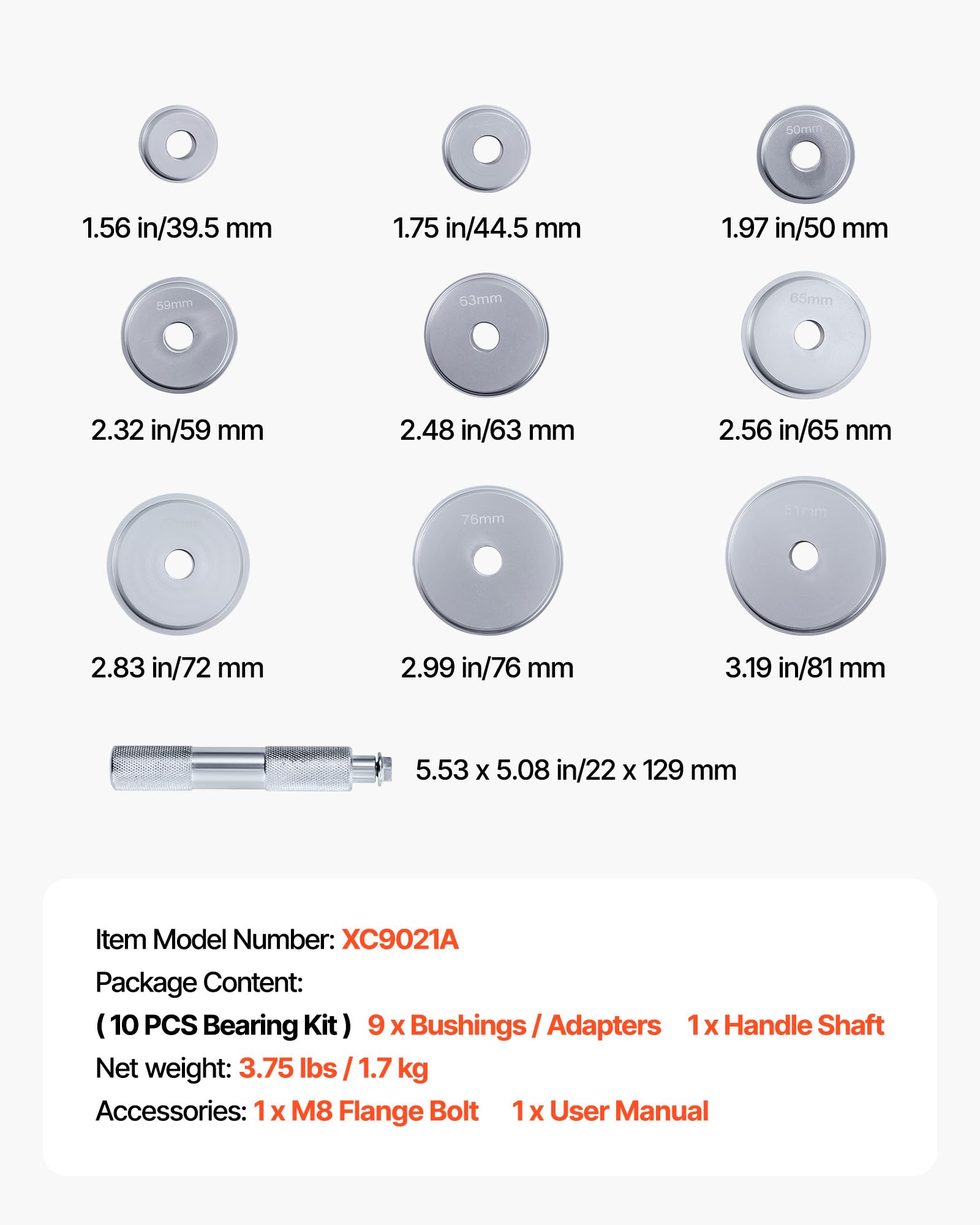 VEVOR 10 Pcs Bushing Bearing Race and Seal Driver Set with 9 Bushings and Handle Shaft, Bushing Driver Tool Set, Heavy Duty Aluminum Alloy Removal Puller Installation Tool Kit - Image 7