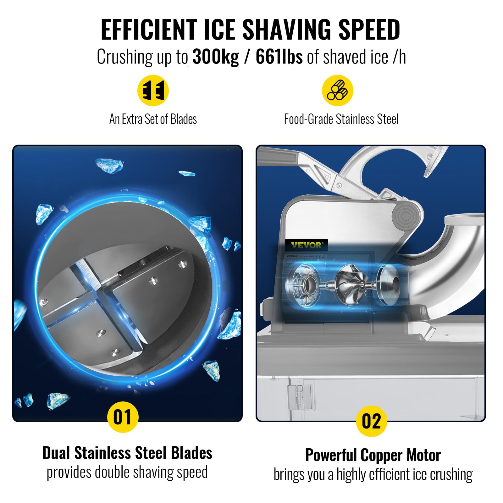 VEVOR 110V Commercial Ice Crusher 661LBS/H, ETL Approved 300W Electric Snow Cone Machine with Dual Blades, Stainless Steel Shaved Ice Machine with Safety On/Off Switch for Family, Restaurants, Bars - Image 3