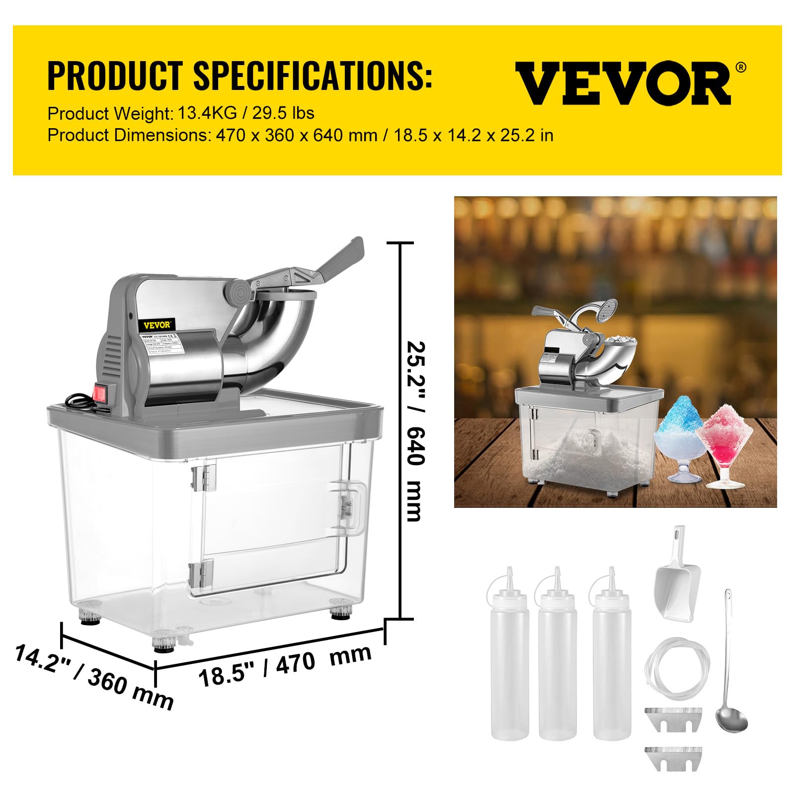 VEVOR 110V Commercial Ice Crusher 661LBS/H, ETL Approved 300W Electric Snow Cone Machine with Dual Blades, Stainless Steel Shaved Ice Machine with Safety On/Off Switch for Family, Restaurants, Bars - Image 7