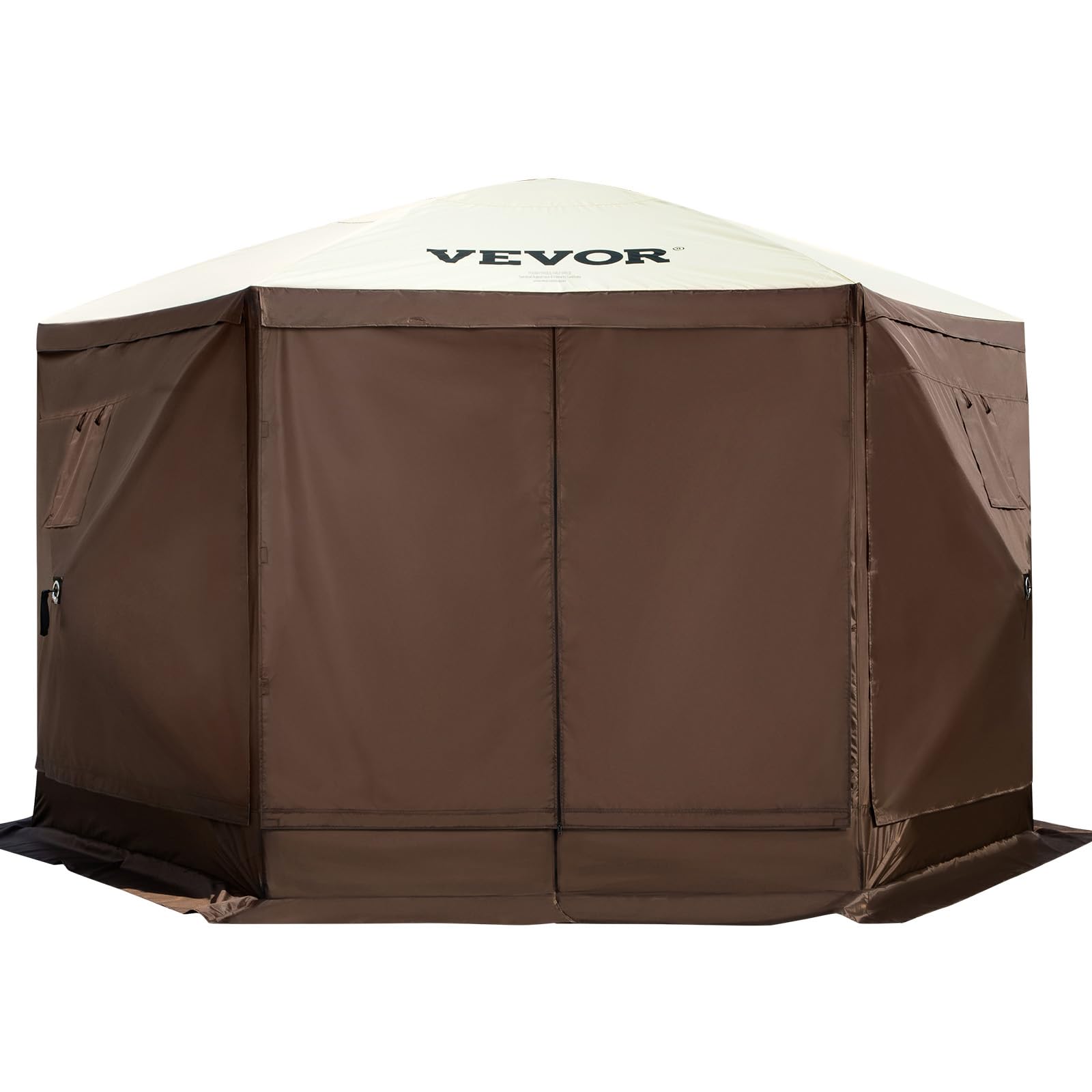 VEVOR 12 * 12ft 6 Sided Pop-up Canopy Shelter Tent with Mesh Windows, Portable Carry Bag, Stakes, Large Shade Tents for Outdoor Camping, Lawn and Backyard, Brown/Beige - Image 10