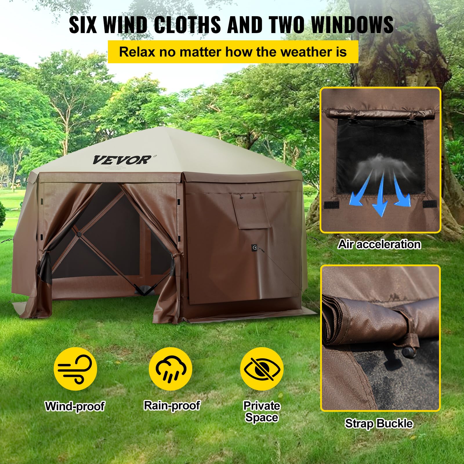 VEVOR 12 * 12ft 6 Sided Pop-up Canopy Shelter Tent with Mesh Windows, Portable Carry Bag, Stakes, Large Shade Tents for Outdoor Camping, Lawn and Backyard, Brown/Beige - Image 3