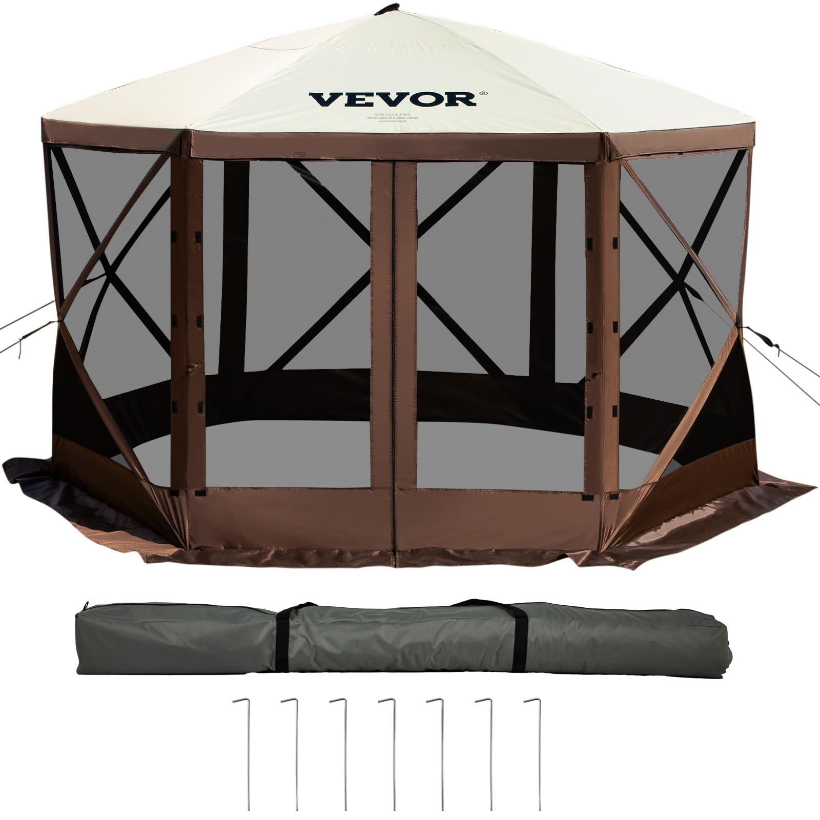 VEVOR 12 * 12ft 6 Sided Pop-up Canopy Shelter Tent with Mesh Windows, Portable Carry Bag, Stakes, Large Shade Tents for Outdoor Camping, Lawn and Backyard, Brown/Beige - Image 4