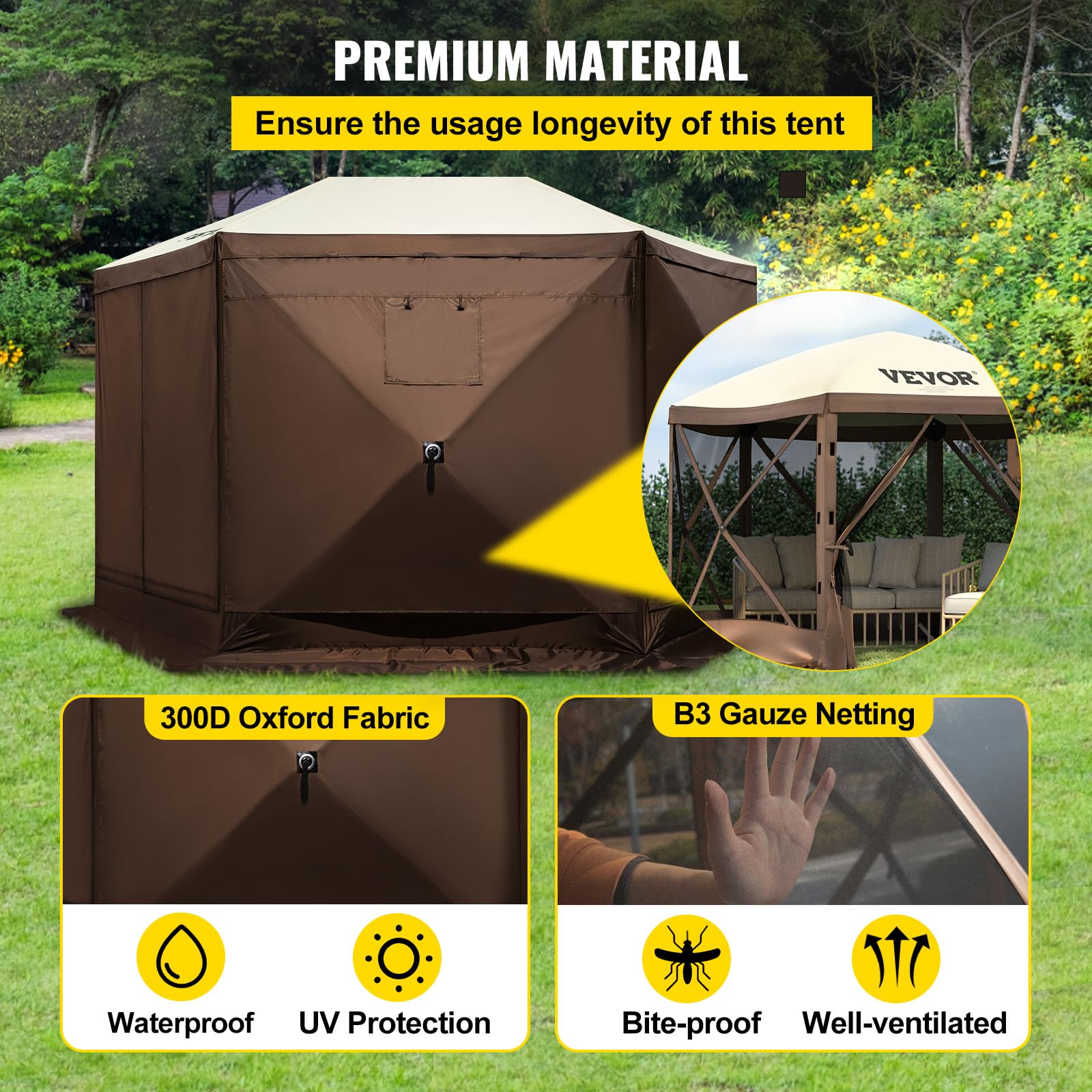 VEVOR 12 * 12ft 6 Sided Pop-up Canopy Shelter Tent with Mesh Windows, Portable Carry Bag, Stakes, Large Shade Tents for Outdoor Camping, Lawn and Backyard, Brown/Beige - Image 6