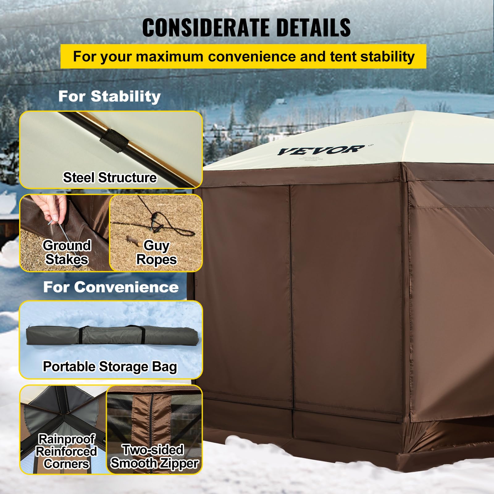VEVOR 12 * 12ft 6 Sided Pop-up Canopy Shelter Tent with Mesh Windows, Portable Carry Bag, Stakes, Large Shade Tents for Outdoor Camping, Lawn and Backyard, Brown/Beige - Image 7