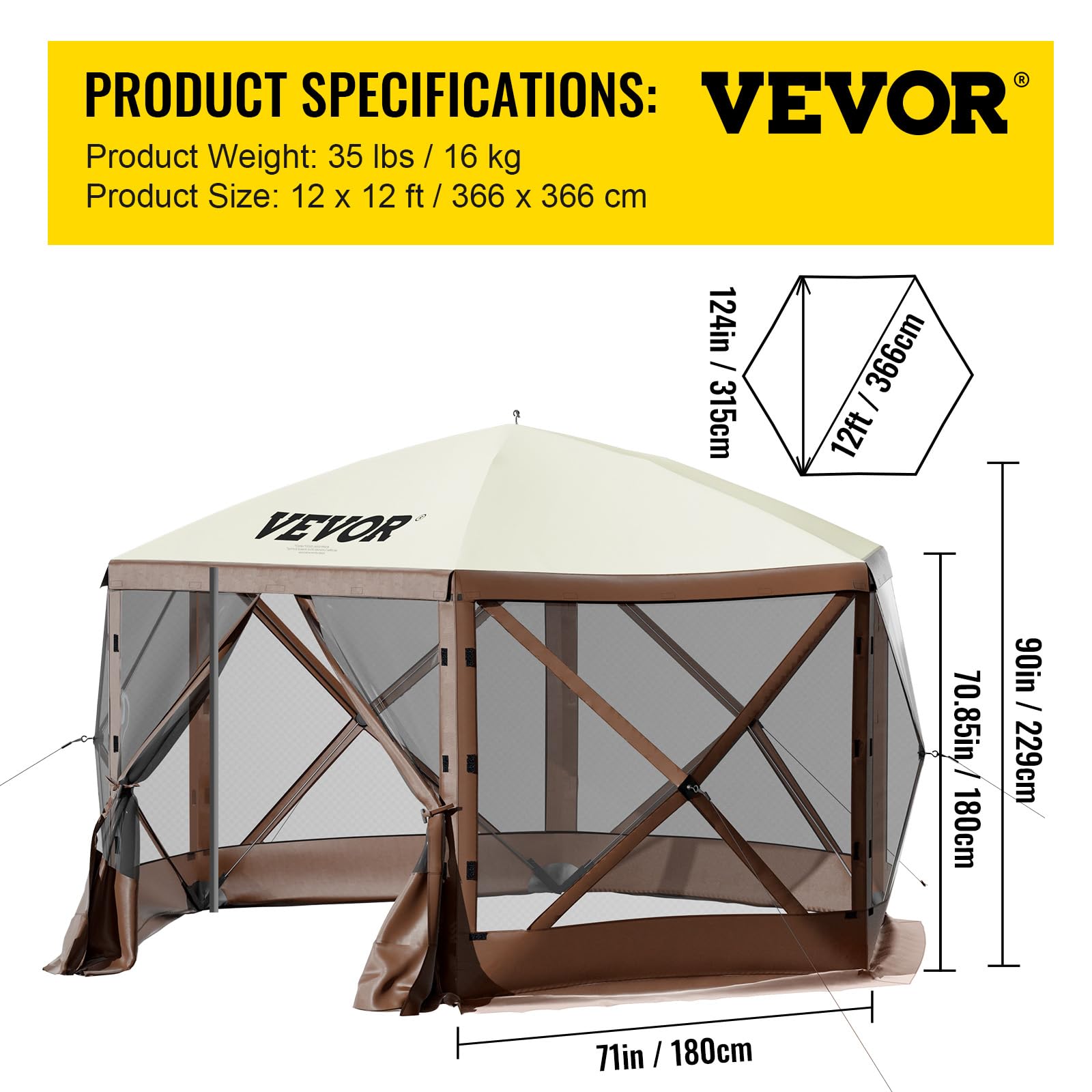 VEVOR 12 * 12ft 6 Sided Pop-up Canopy Shelter Tent with Mesh Windows, Portable Carry Bag, Stakes, Large Shade Tents for Outdoor Camping, Lawn and Backyard, Brown/Beige - Image 8