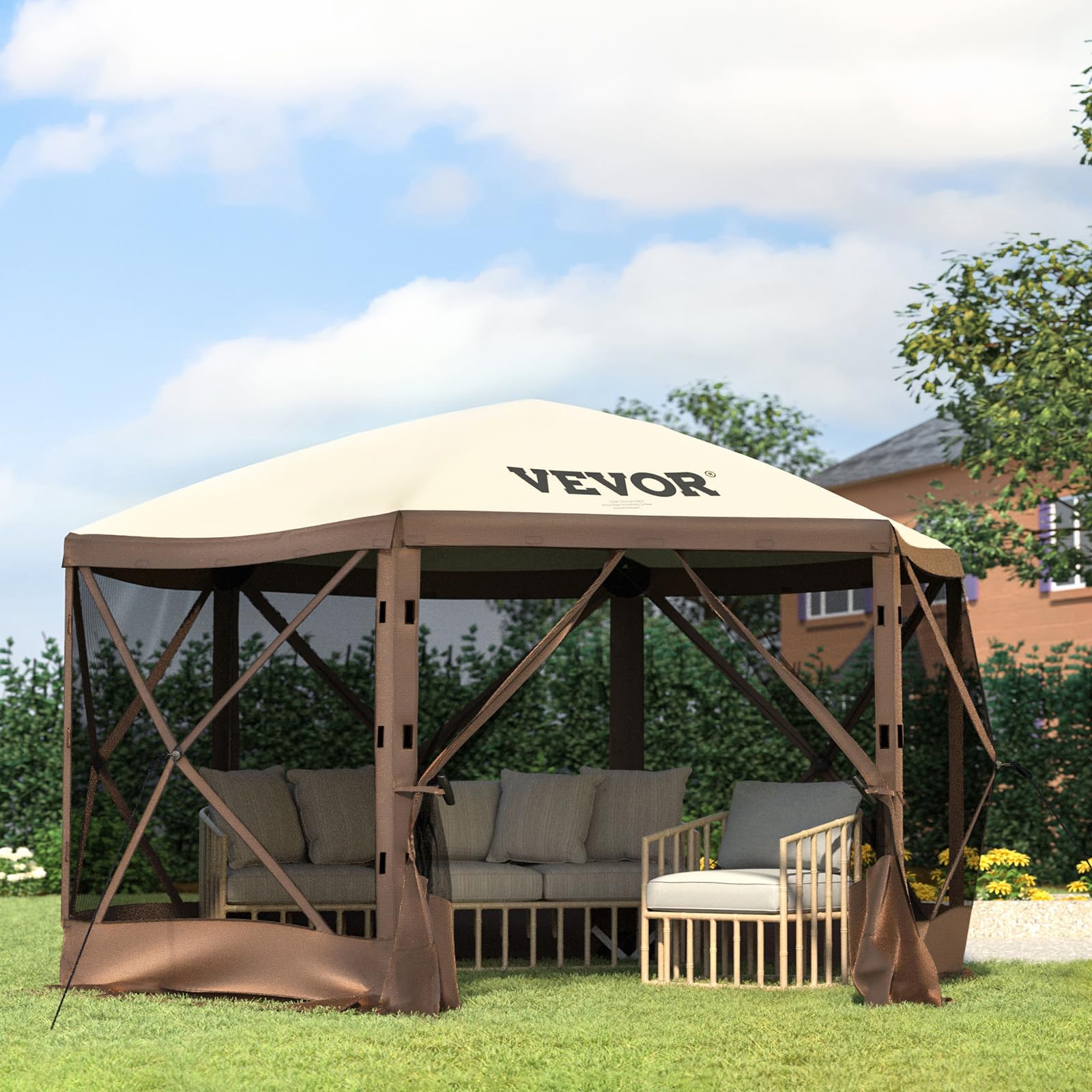VEVOR 12 * 12ft 6 Sided Pop-up Canopy Shelter Tent with Mesh Windows, Portable Carry Bag, Stakes, Large Shade Tents for Outdoor Camping, Lawn and Backyard, Brown/Beige - Image 9