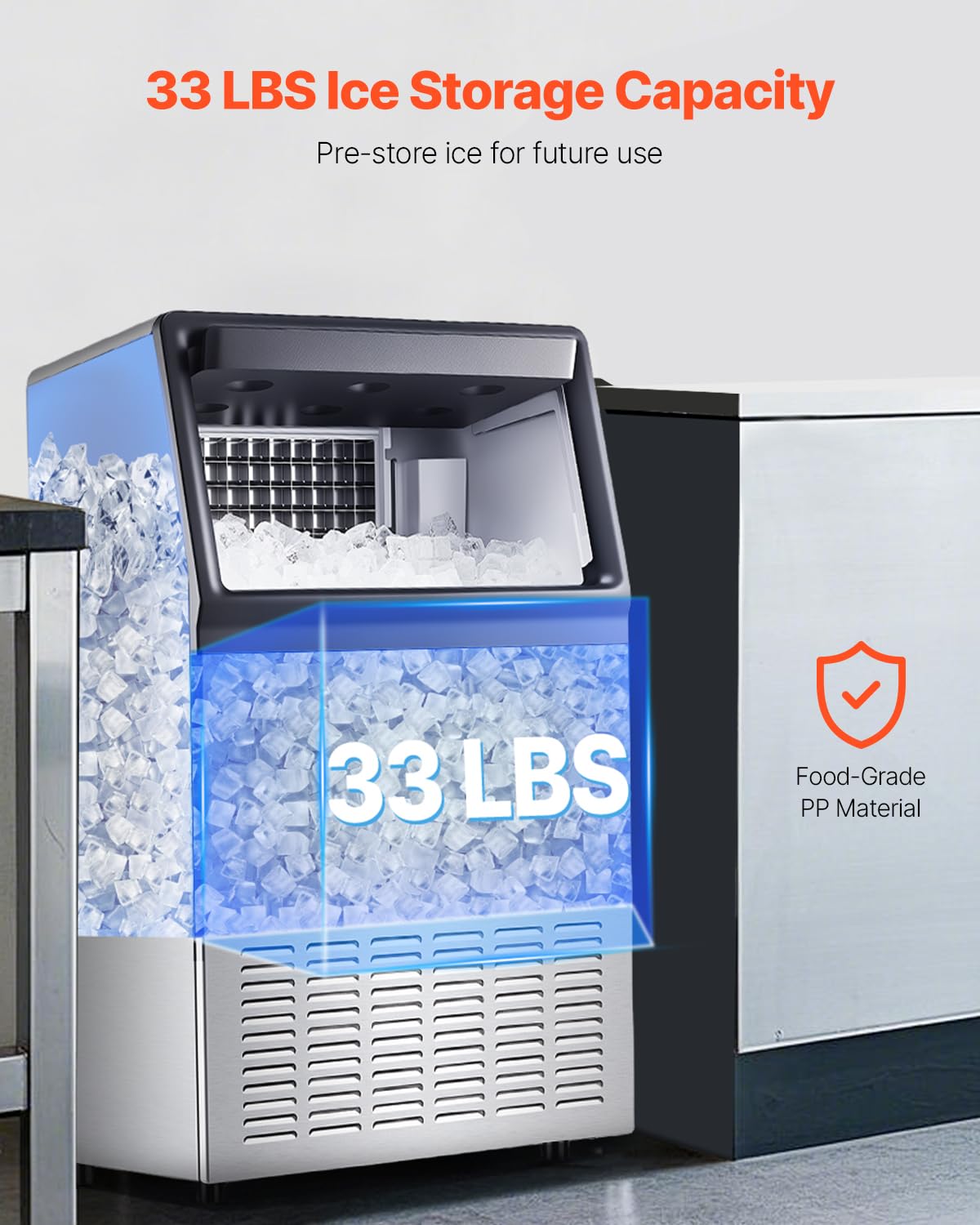 VEVOR 160lbs/24H Commercial Ice Maker, 55 Ice Cubes in 15 Minutes, Freestanding Ice Maker Machine with 33lbs Large Storage Capacity for Bar Office Restaurant, with LED Digital Display & Self-Cleaning - Image 3