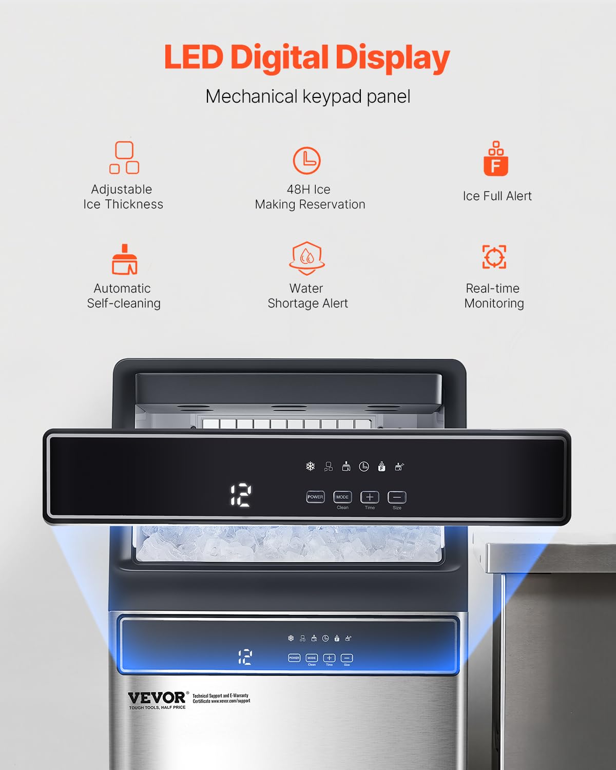 VEVOR 160lbs/24H Commercial Ice Maker, 55 Ice Cubes in 15 Minutes, Freestanding Ice Maker Machine with 33lbs Large Storage Capacity for Bar Office Restaurant, with LED Digital Display & Self-Cleaning - Image 4