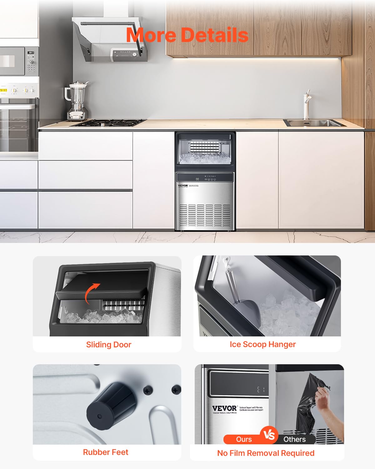 VEVOR 160lbs/24H Commercial Ice Maker, 55 Ice Cubes in 15 Minutes, Freestanding Ice Maker Machine with 33lbs Large Storage Capacity for Bar Office Restaurant, with LED Digital Display & Self-Cleaning - Image 6