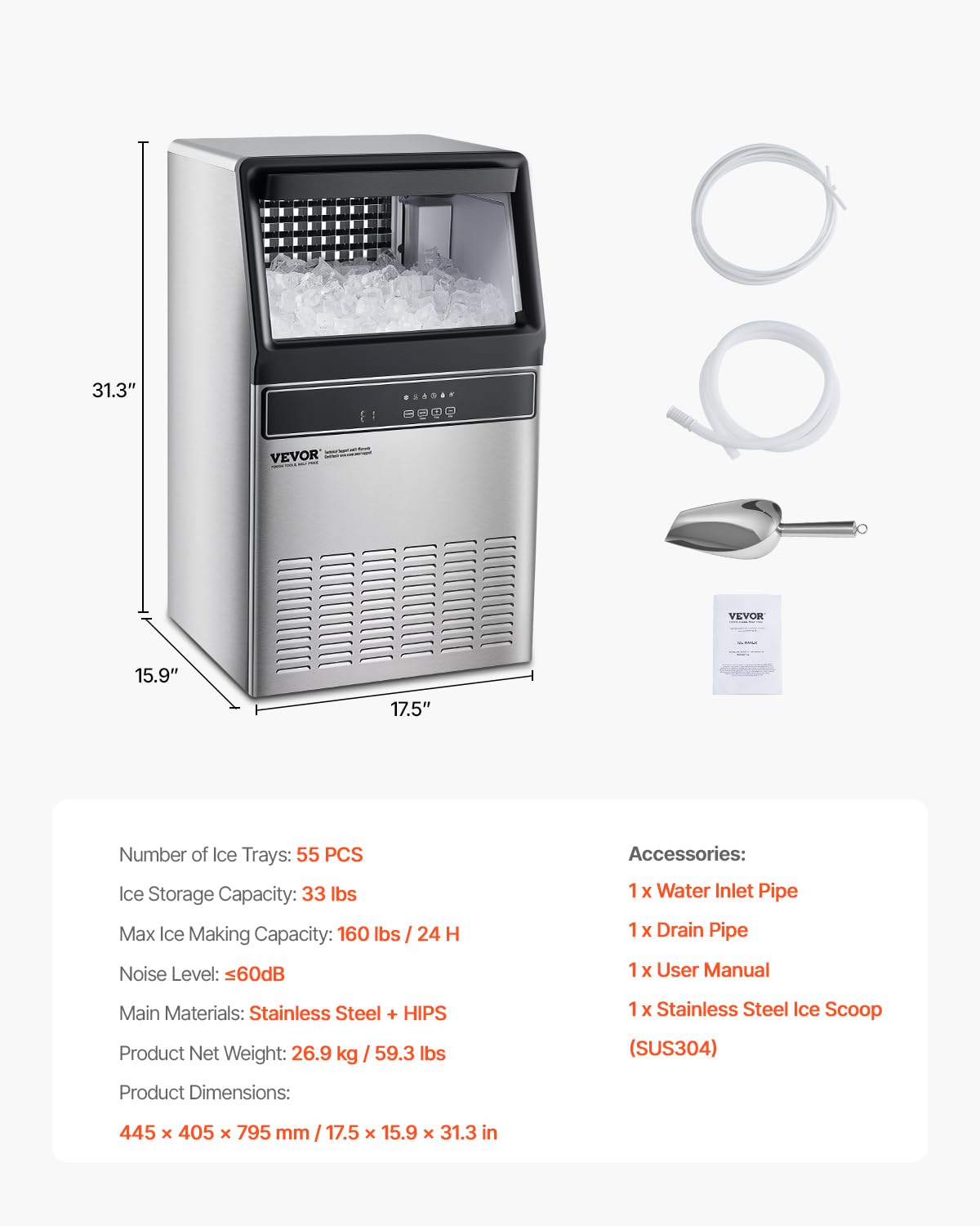 VEVOR 160lbs/24H Commercial Ice Maker, 55 Ice Cubes in 15 Minutes, Freestanding Ice Maker Machine with 33lbs Large Storage Capacity for Bar Office Restaurant, with LED Digital Display & Self-Cleaning - Image 7