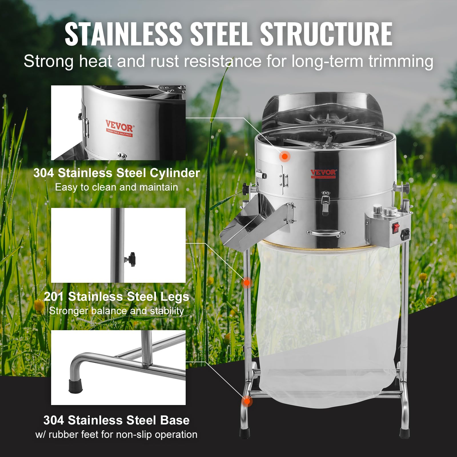 VEVOR 18" Electric Bud Leaf Trimmer, Tillable Trimmer with 60W Adjustable Speed, Stainless-Steel Blades, Mesh Bag & Hand Pruner for Leaves, Bud - Image 3