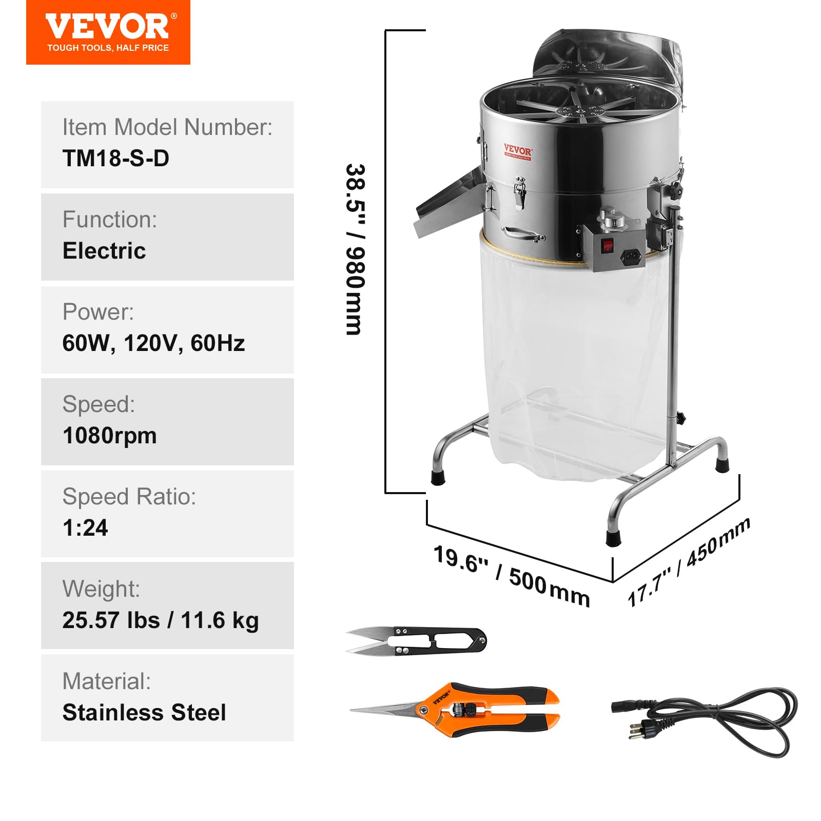 VEVOR 18" Electric Bud Leaf Trimmer, Tillable Trimmer with 60W Adjustable Speed, Stainless-Steel Blades, Mesh Bag & Hand Pruner for Leaves, Bud - Image 7