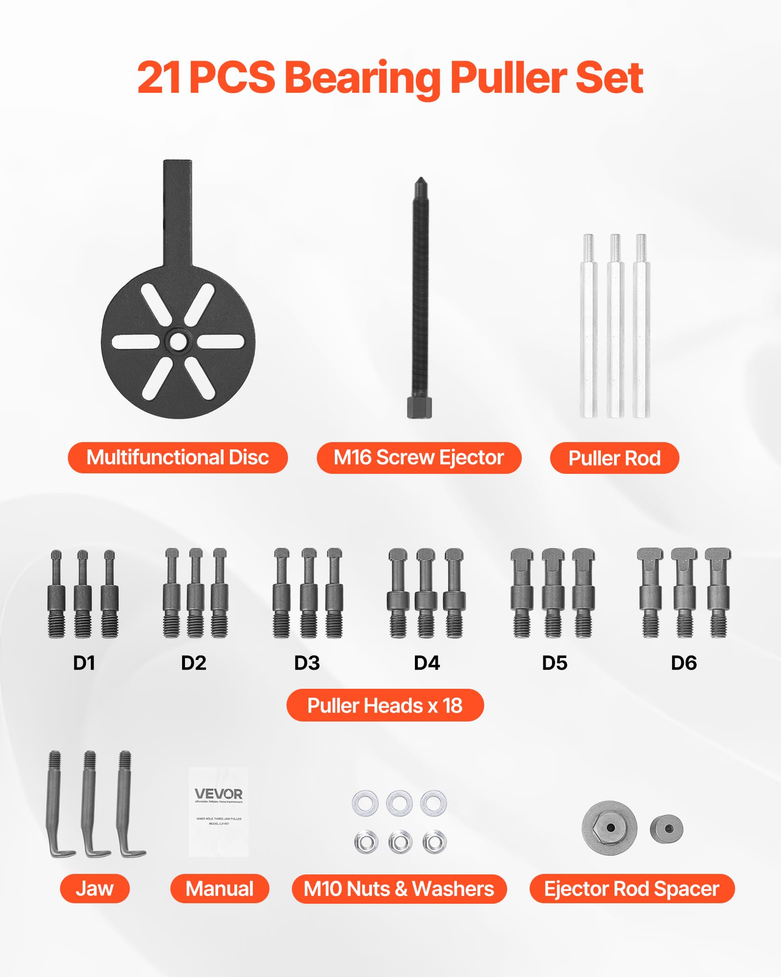 VEVOR 21-in-1 Bearing Puller Set, 21 PCS 3-Jaw Hook Puller for Internal External Bearings and Bearing Without Inner Shaft, Multifunctional Bearing Removal Tool with Heavy Duty Portable Storage Case - Image 6