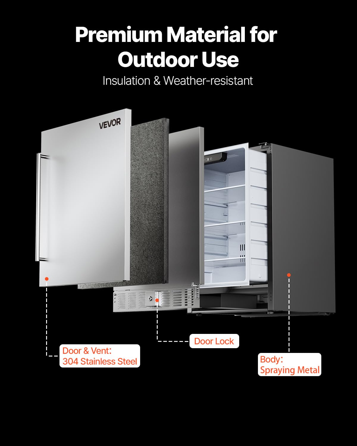 VEVOR 24-Inch Outdoor Beverage Refrigerator, 150 QT Built-in Drink Fridge, 0.56 kWh/Day Energy-Efficient Cooler with 304 Stainless Steel Door, Holds 180 Cans for Outdoor Kitchen, Home Bar, Patio - Image 5