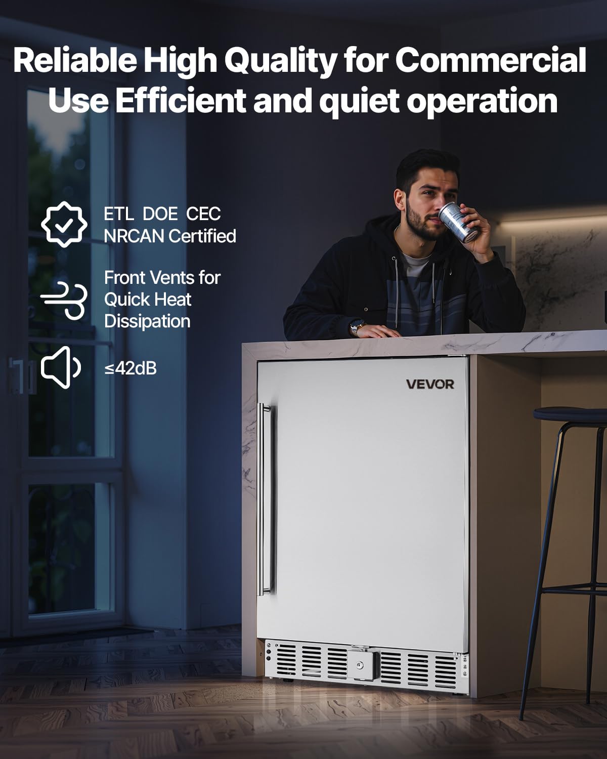 VEVOR 24-Inch Outdoor Beverage Refrigerator, 150 QT Built-in Drink Fridge, 0.56 kWh/Day Energy-Efficient Cooler with 304 Stainless Steel Door, Holds 180 Cans for Outdoor Kitchen, Home Bar, Patio - Image 6