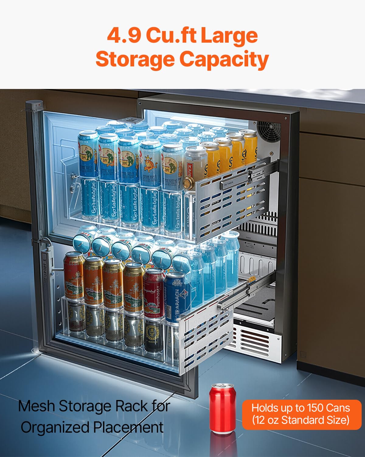 VEVOR 24 Inch Under Counter Drawer Refrigerator, Stainless Steel Dual Drawer Fridge with Temperature Control, Outdoor Refrigerator with Powerful Compressor & LED Display, Fit for Home, Office, etc. - Image 3