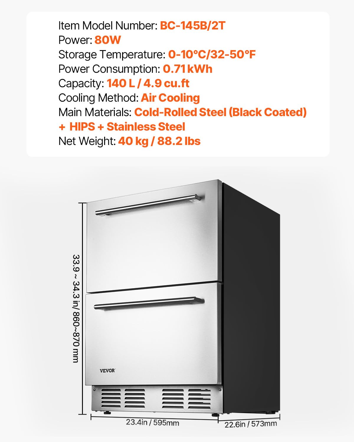 VEVOR 24 Inch Under Counter Drawer Refrigerator, Stainless Steel Dual Drawer Fridge with Temperature Control, Outdoor Refrigerator with Powerful Compressor & LED Display, Fit for Home, Office, etc. - Image 7
