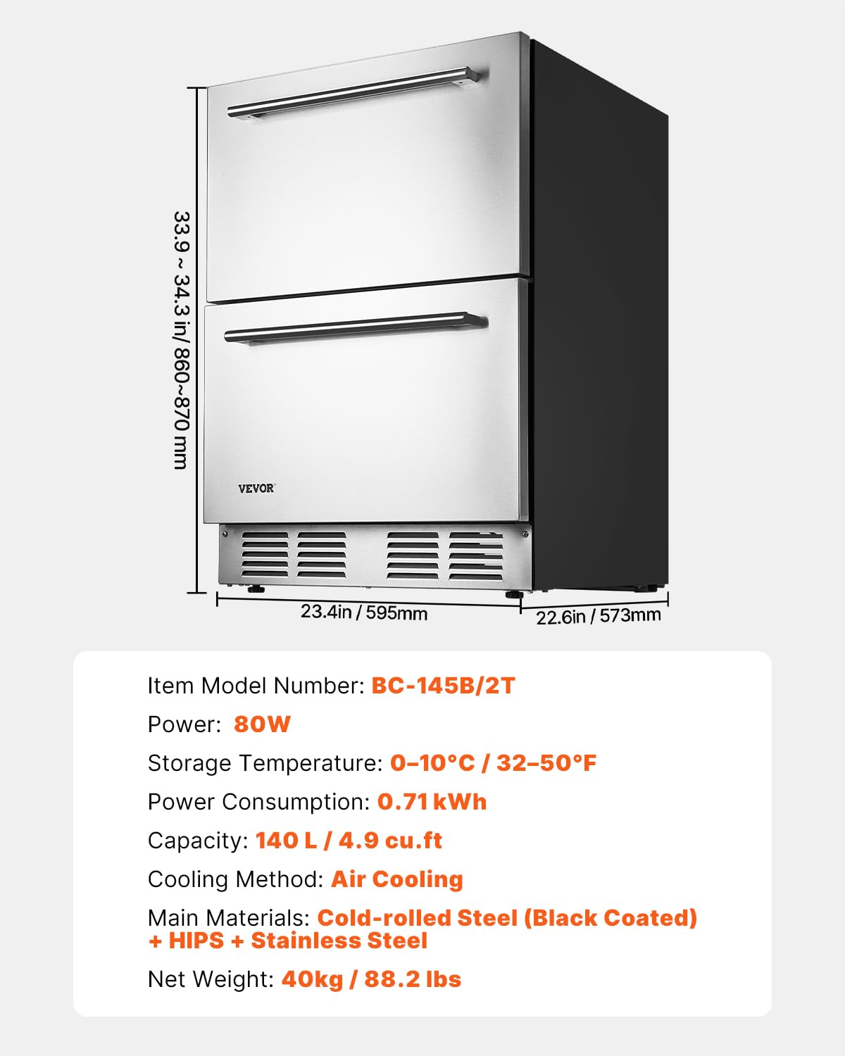 VEVOR 24 Inch Under Counter Drawer Refrigerator, Stainless Steel Dual Drawer Fridge with Temperature Control, Outdoor Refrigerator with Powerful Compressor & LED Display, Fit for Home, Office, etc. - Image 8