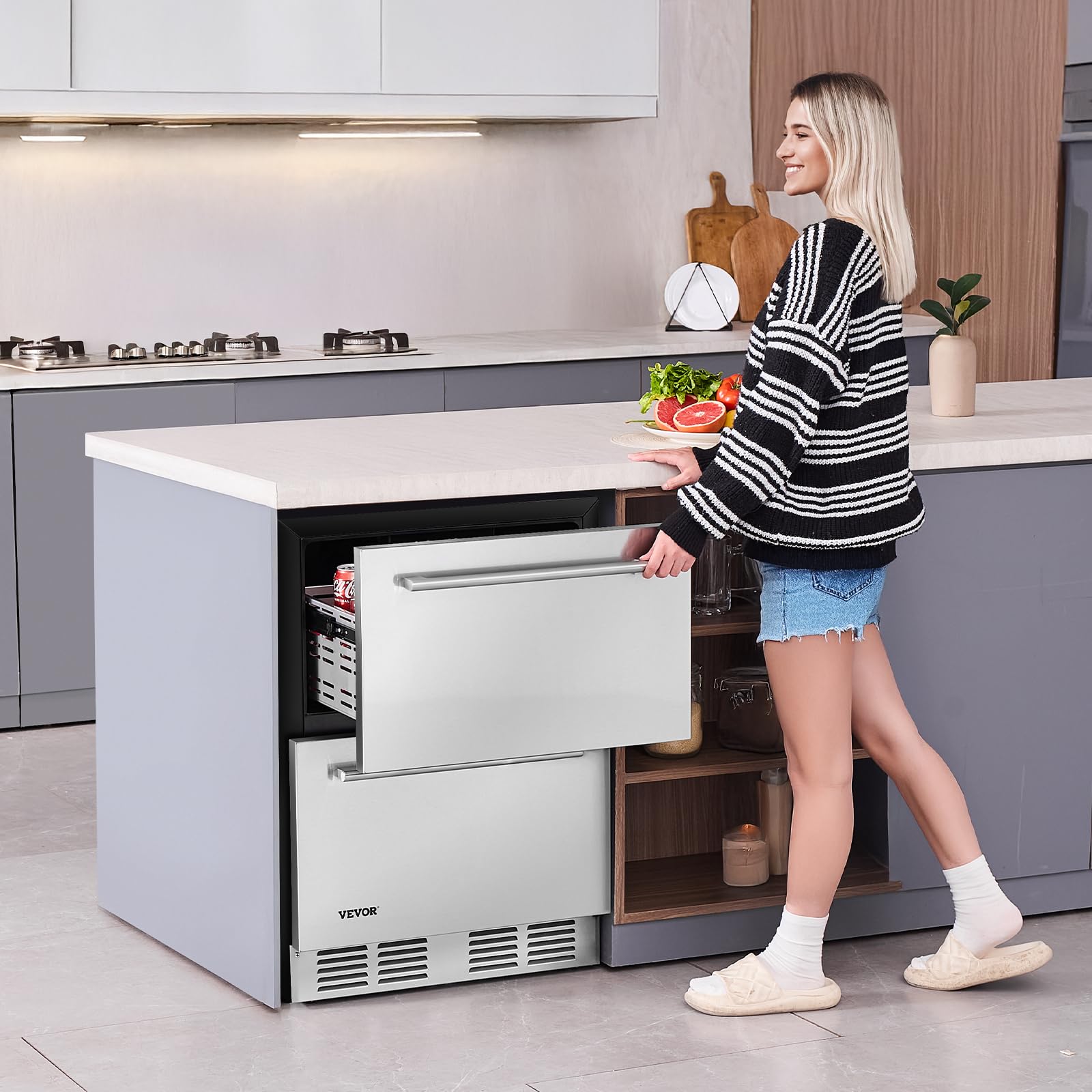 VEVOR 24 Inch Under Counter Drawer Refrigerator, Stainless Steel Dual Drawer Fridge with Temperature Control, Outdoor Refrigerator with Powerful Compressor & LED Display, Fit for Home, Office, etc. - Image 9
