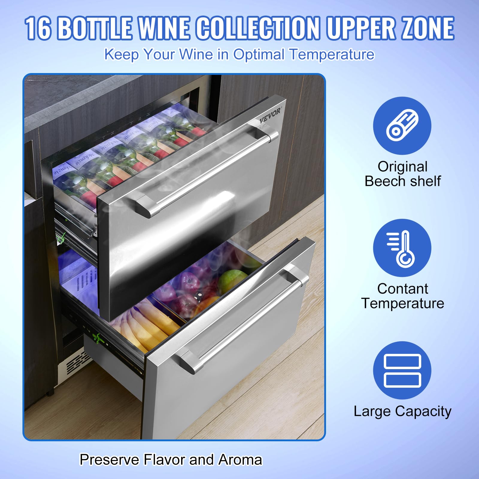 VEVOR 24" Undercounter Refrigerator, 2 Drawer Wine Refrigerator with Different Temperature, 4.87 Cu.ft. Capacity, Waterproof Indoor and Outdoor Under Counter Drawer Fridge for Home and Commercial Use - Image 3