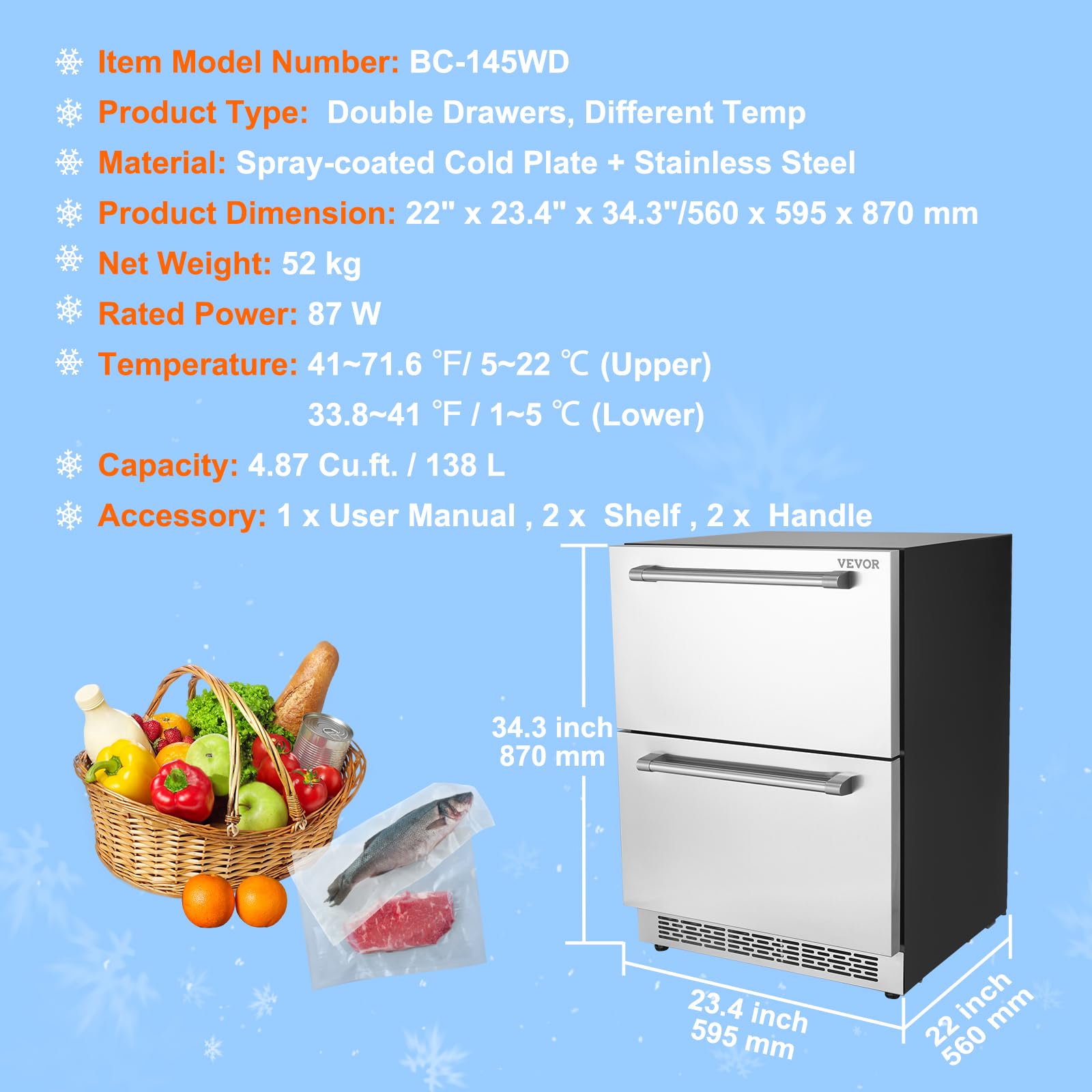VEVOR 24" Undercounter Refrigerator, 2 Drawer Wine Refrigerator with Different Temperature, 4.87 Cu.ft. Capacity, Waterproof Indoor and Outdoor Under Counter Drawer Fridge for Home and Commercial Use - Image 6