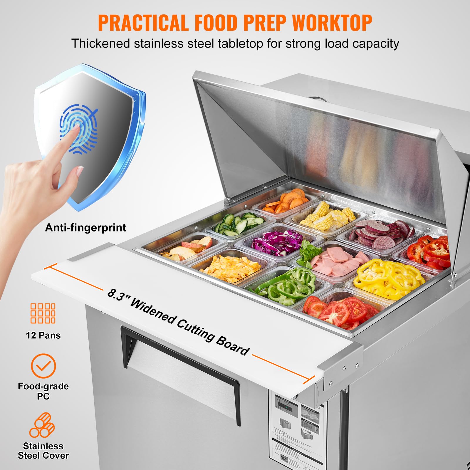 VEVOR 28" Commercial Refrigerator, 12 Pans Sandwich & Salad Prep Table, 7.4 Cu. Ft Stainless Steel Refrigerated Food Prep Station, Frost Free Mega Top Refrigerator for Restaurant, Food Truck, Bar - Image 3