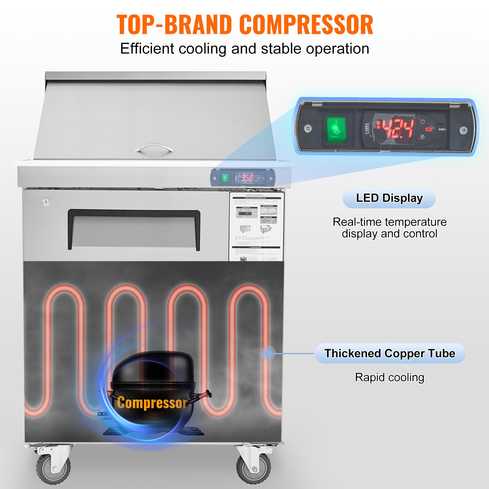 VEVOR 28" Commercial Refrigerator, 12 Pans Sandwich & Salad Prep Table, 7.4 Cu. Ft Stainless Steel Refrigerated Food Prep Station, Frost Free Mega Top Refrigerator for Restaurant, Food Truck, Bar - Image 5