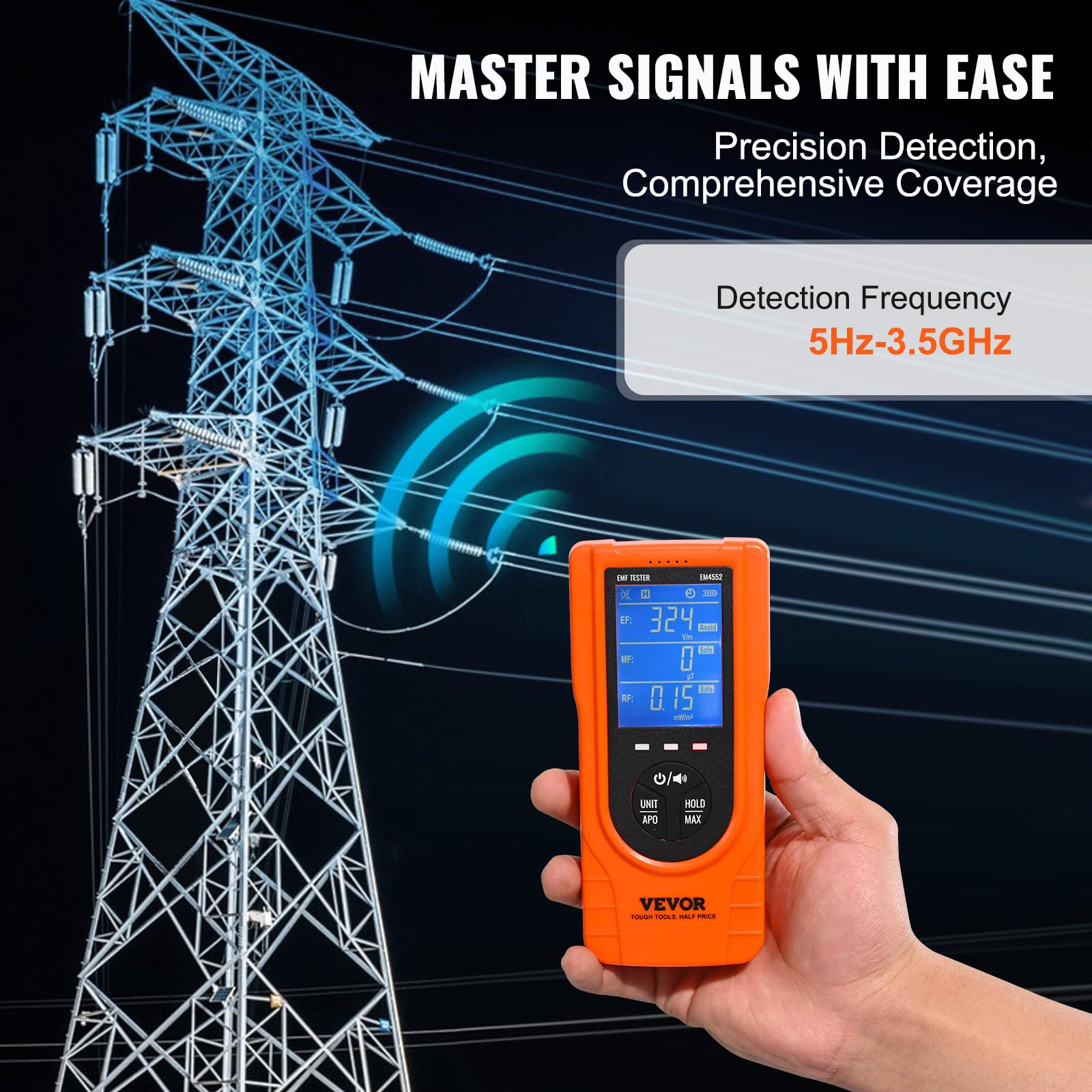 VEVOR 3-in-1 EMF Meter, 5Hz - 3.5GHz, Handheld Rechargeable Electromagnetic Field Radiation Detector, Digital LCD EMF Tester for EF MF RF Home Inspections Outdoor Ghost Hunting Paranormal Equipment - Image 3