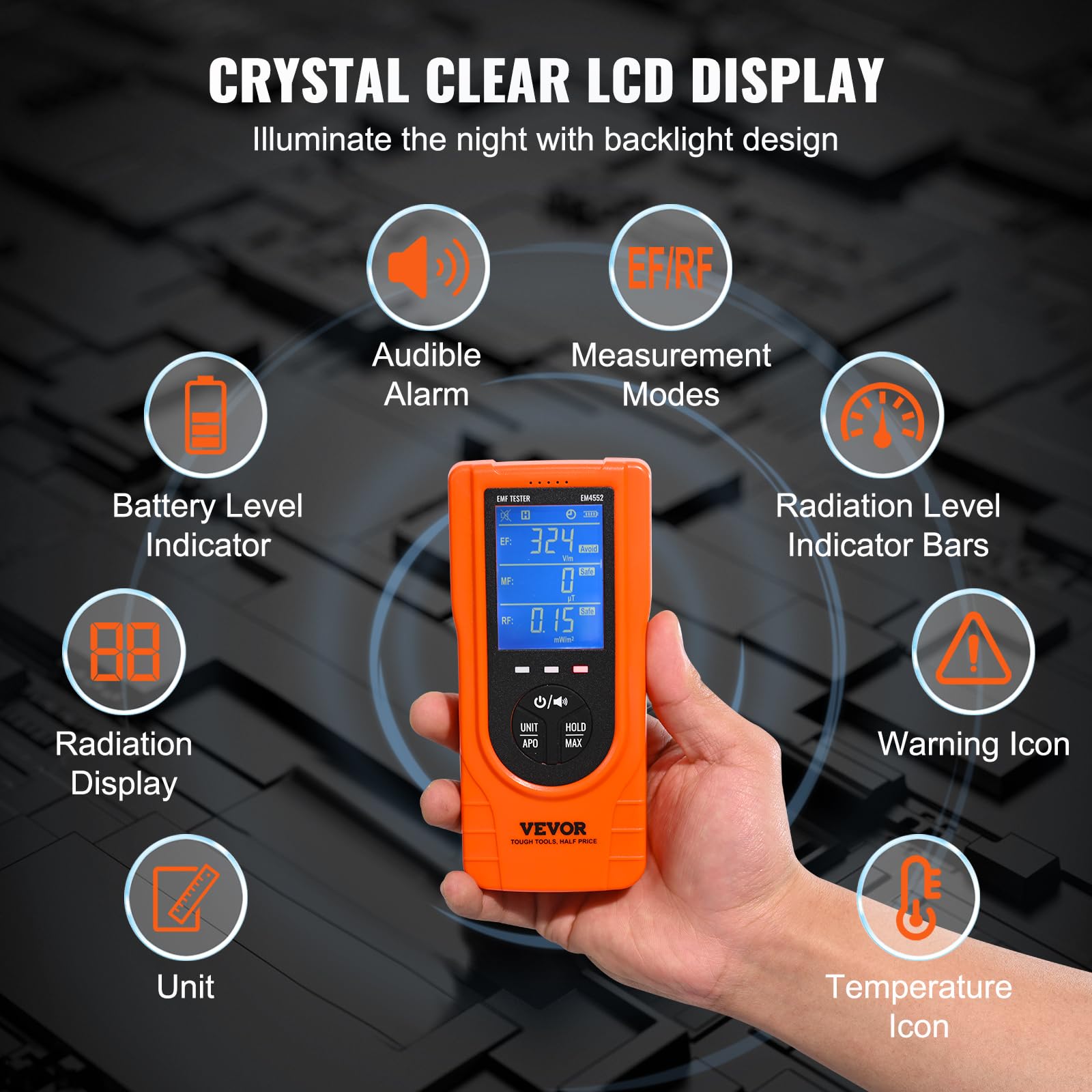 VEVOR 3-in-1 EMF Meter, 5Hz - 3.5GHz, Handheld Rechargeable Electromagnetic Field Radiation Detector, Digital LCD EMF Tester for EF MF RF Home Inspections Outdoor Ghost Hunting Paranormal Equipment - Image 5