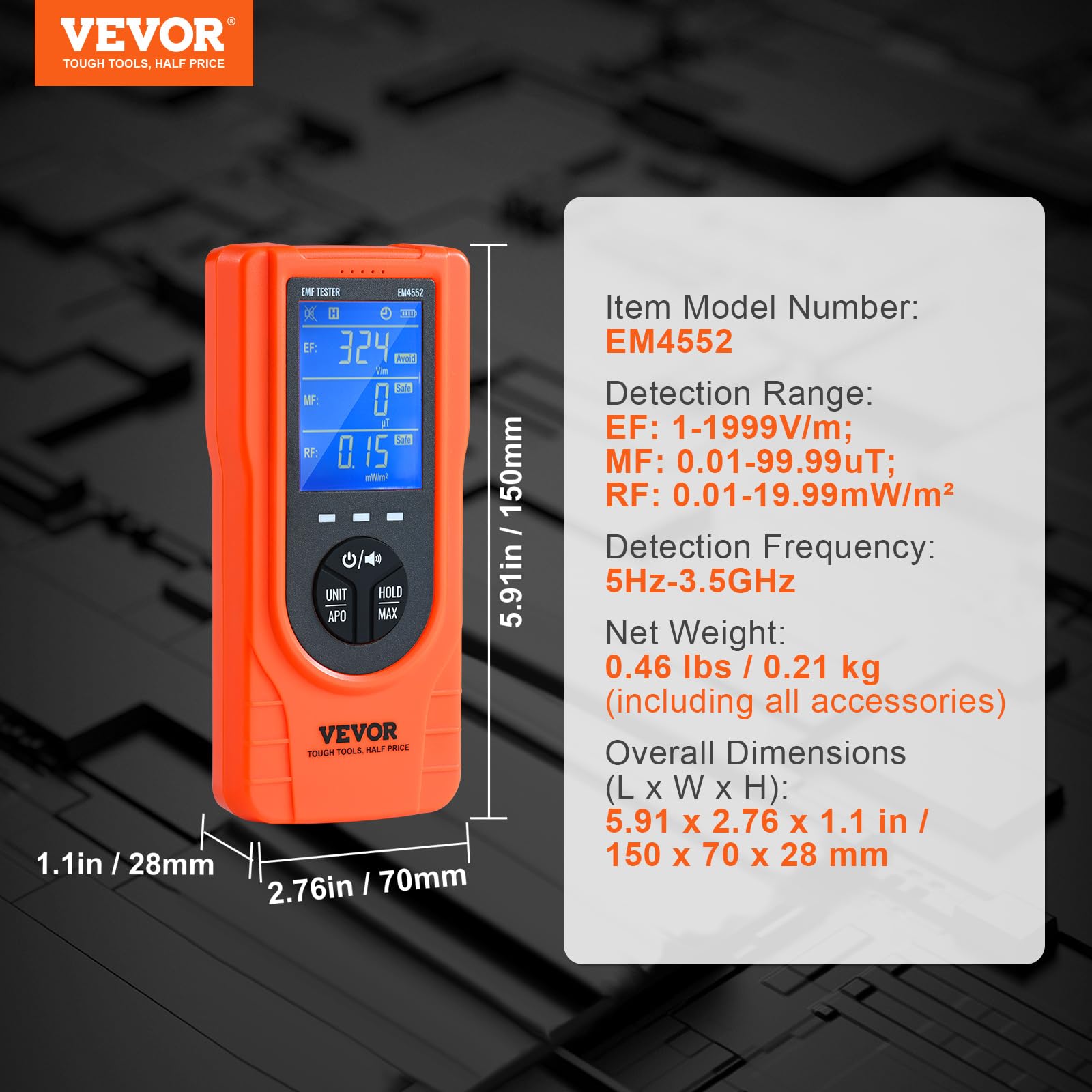 VEVOR 3-in-1 EMF Meter, 5Hz - 3.5GHz, Handheld Rechargeable Electromagnetic Field Radiation Detector, Digital LCD EMF Tester for EF MF RF Home Inspections Outdoor Ghost Hunting Paranormal Equipment - Image 7