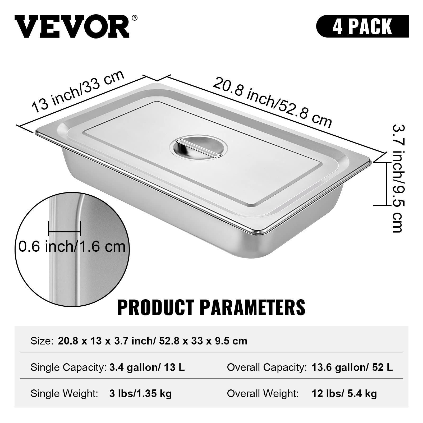 VEVOR 4 Pack Stainless Steel Hotel Pans,Full Size 3.7 Inch Deep 0.8mm Thick Anti Jam Commercial Food Pans with lid,Catering Food Storage Metal Pan for Steam Tables, Restaurants,20.8 x 13 x 3.7 inch. - Image 7