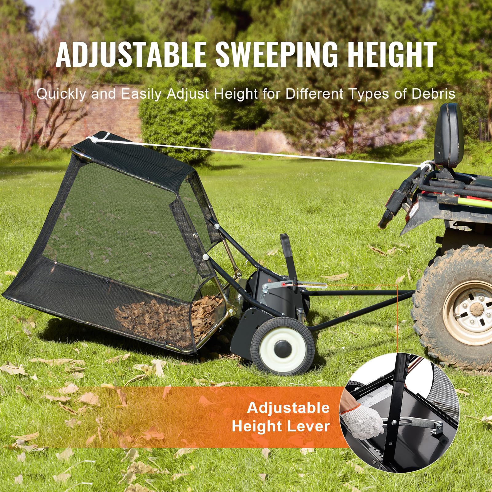 VEVOR 42 Inch Lawn Sweeper Tow Behind, 12 cu.ft. Large Pull Behind Grass Sweeper, Heavy Duty Leaf & Grass Collector with Dumping Rope Design, Adjustable Sweeping Height for Picking Up Debris & Grass - Image 3