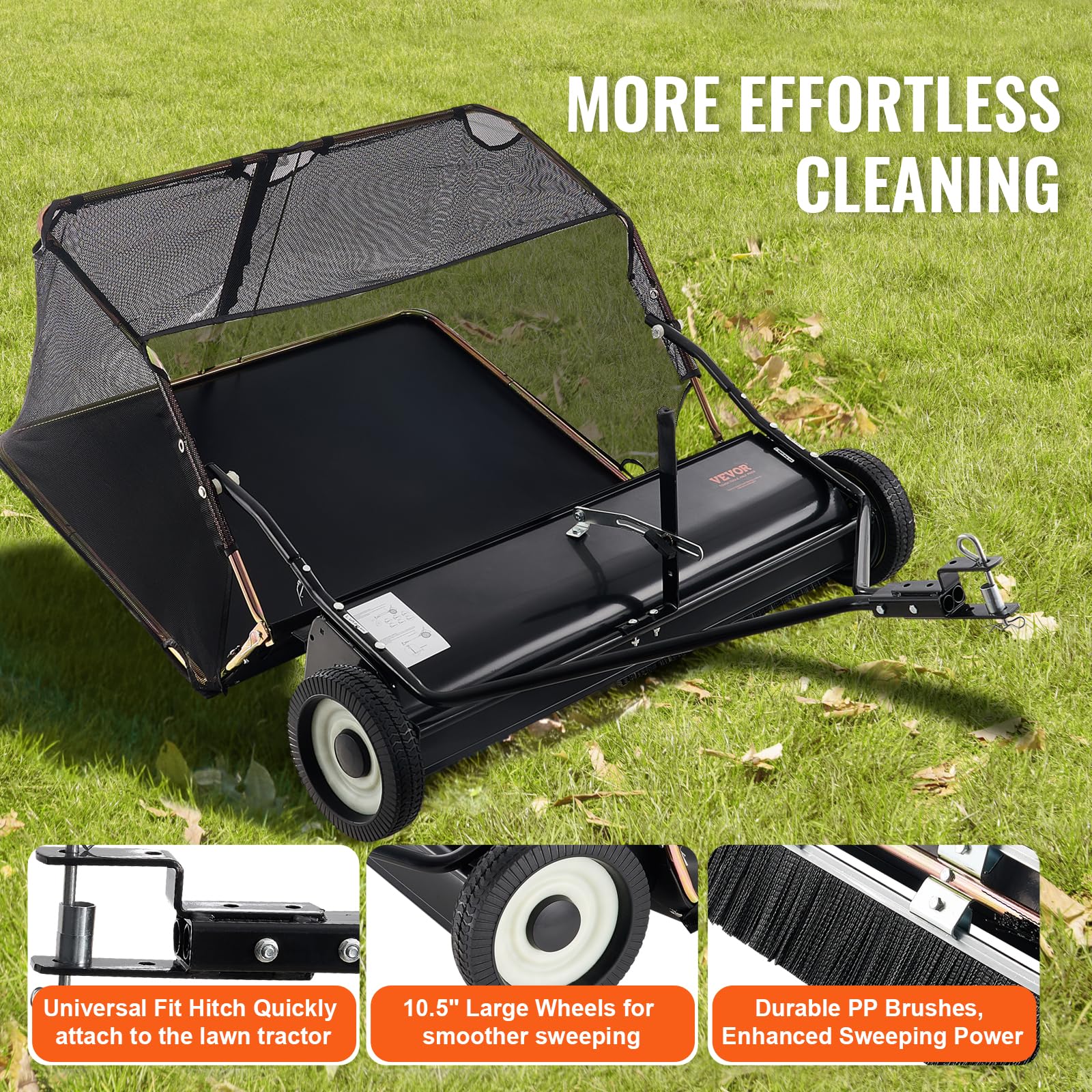 VEVOR 42 Inch Lawn Sweeper Tow Behind, 12 cu.ft. Large Pull Behind Grass Sweeper, Heavy Duty Leaf & Grass Collector with Dumping Rope Design, Adjustable Sweeping Height for Picking Up Debris & Grass - Image 4