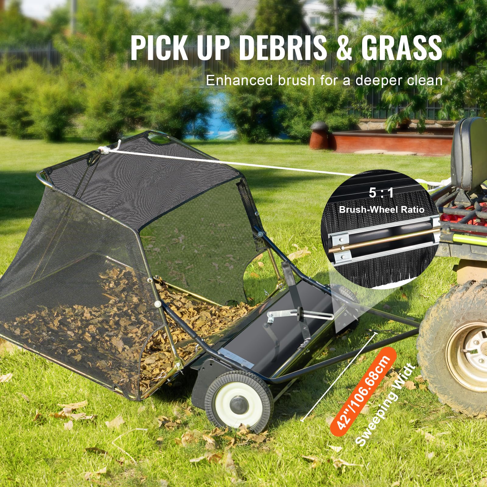 VEVOR 42 Inch Lawn Sweeper Tow Behind, 12 cu.ft. Large Pull Behind Grass Sweeper, Heavy Duty Leaf & Grass Collector with Dumping Rope Design, Adjustable Sweeping Height for Picking Up Debris & Grass - Image 5