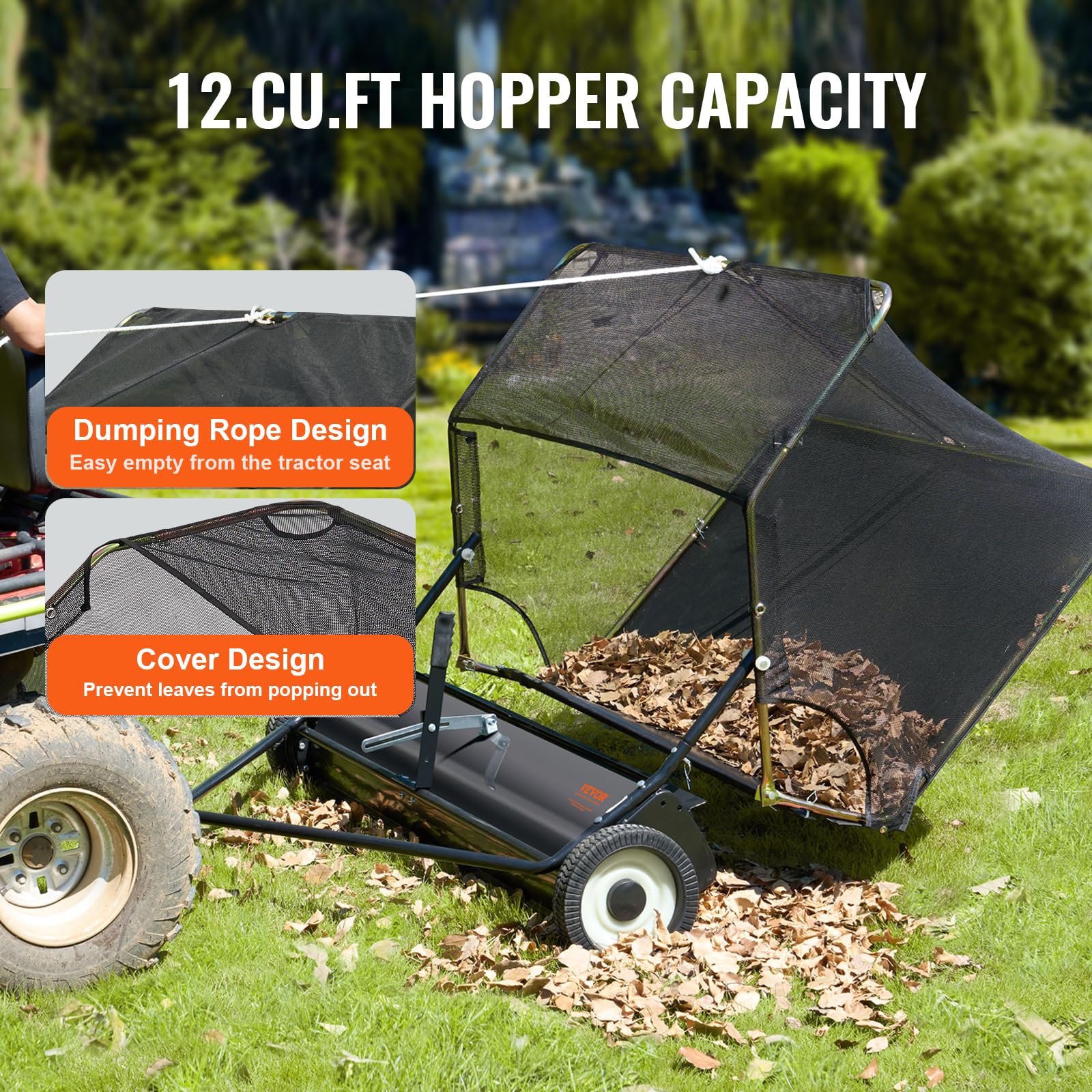 VEVOR 42 Inch Lawn Sweeper Tow Behind, 12 cu.ft. Large Pull Behind Grass Sweeper, Heavy Duty Leaf & Grass Collector with Dumping Rope Design, Adjustable Sweeping Height for Picking Up Debris & Grass - Image 6
