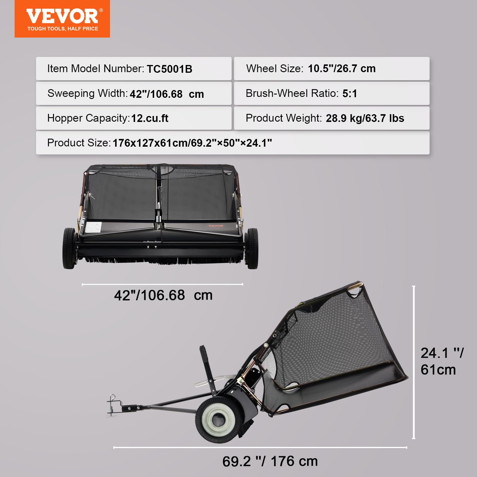 VEVOR 42 Inch Lawn Sweeper Tow Behind, 12 cu.ft. Large Pull Behind Grass Sweeper, Heavy Duty Leaf & Grass Collector with Dumping Rope Design, Adjustable Sweeping Height for Picking Up Debris & Grass - Image 7