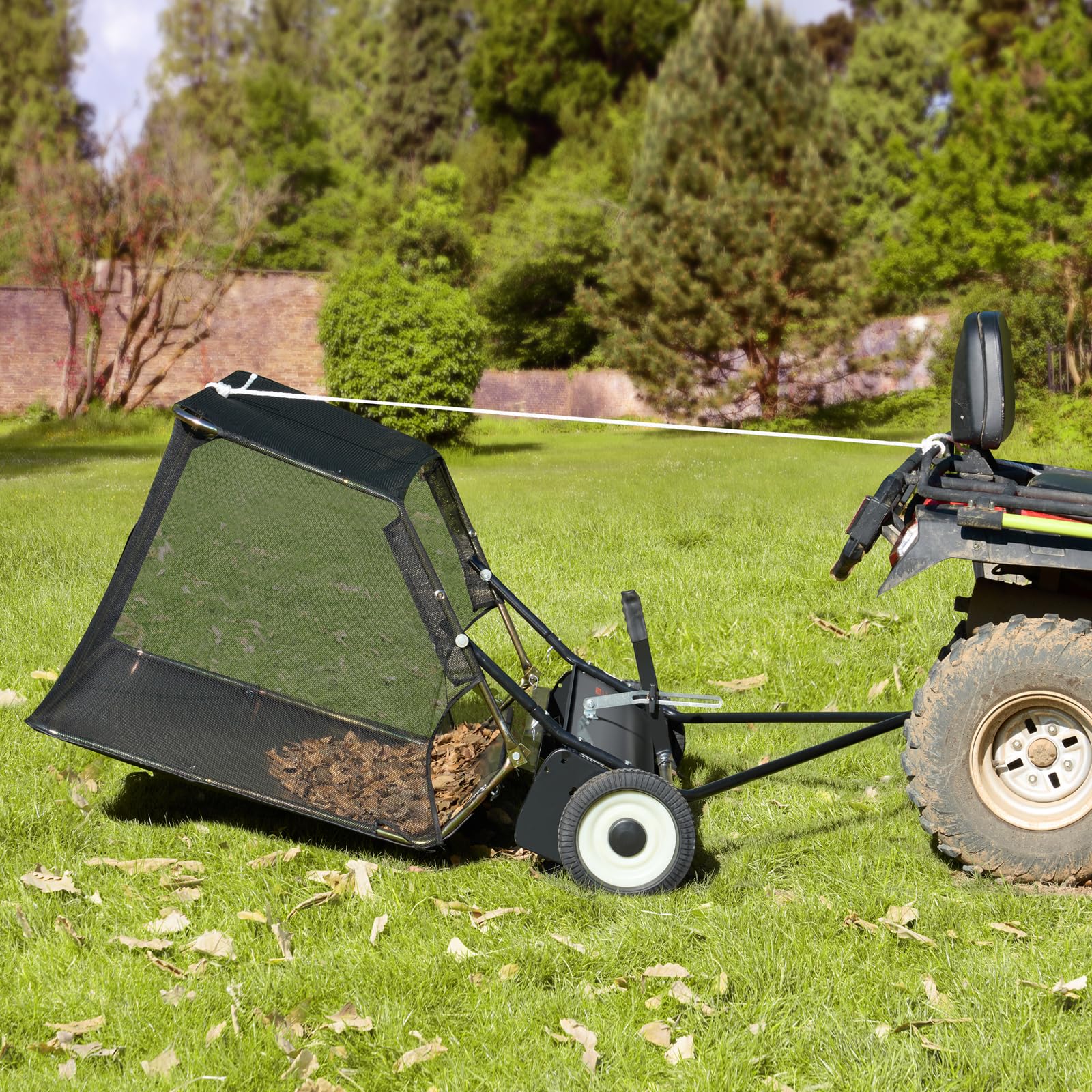 VEVOR 42 Inch Lawn Sweeper Tow Behind, 12 cu.ft. Large Pull Behind Grass Sweeper, Heavy Duty Leaf & Grass Collector with Dumping Rope Design, Adjustable Sweeping Height for Picking Up Debris & Grass - Image 8