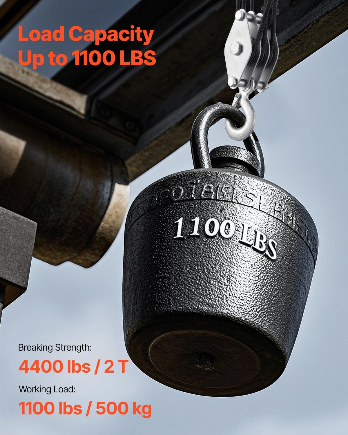 VEVOR 4400 lbs Breaking Strength 100 FT Rope Pulley Hoist, 5:1 Lifting Power Heavy Duty Pulley System with 2pcs Soft Loops, Metal Wheels Bearing Structure, Block and Tackle for Lifting Heavy Objects - Image 3