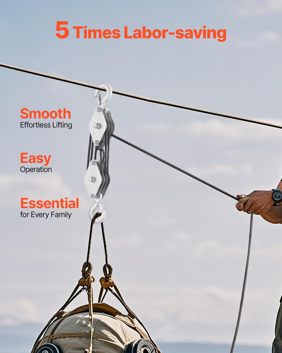 VEVOR 4400 lbs Breaking Strength 100 FT Rope Pulley Hoist, 5:1 Lifting Power Heavy Duty Pulley System with 2pcs Soft Loops, Metal Wheels Bearing Structure, Block and Tackle for Lifting Heavy Objects - Image 4