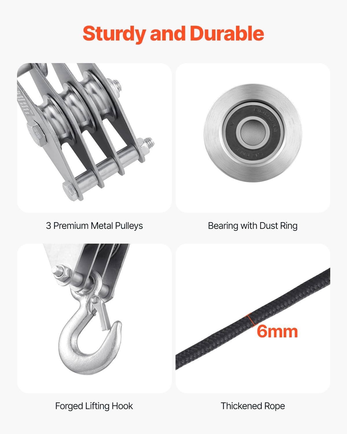 VEVOR 4400 lbs Breaking Strength 100 FT Rope Pulley Hoist, 5:1 Lifting Power Heavy Duty Pulley System with 2pcs Soft Loops, Metal Wheels Bearing Structure, Block and Tackle for Lifting Heavy Objects - Image 5