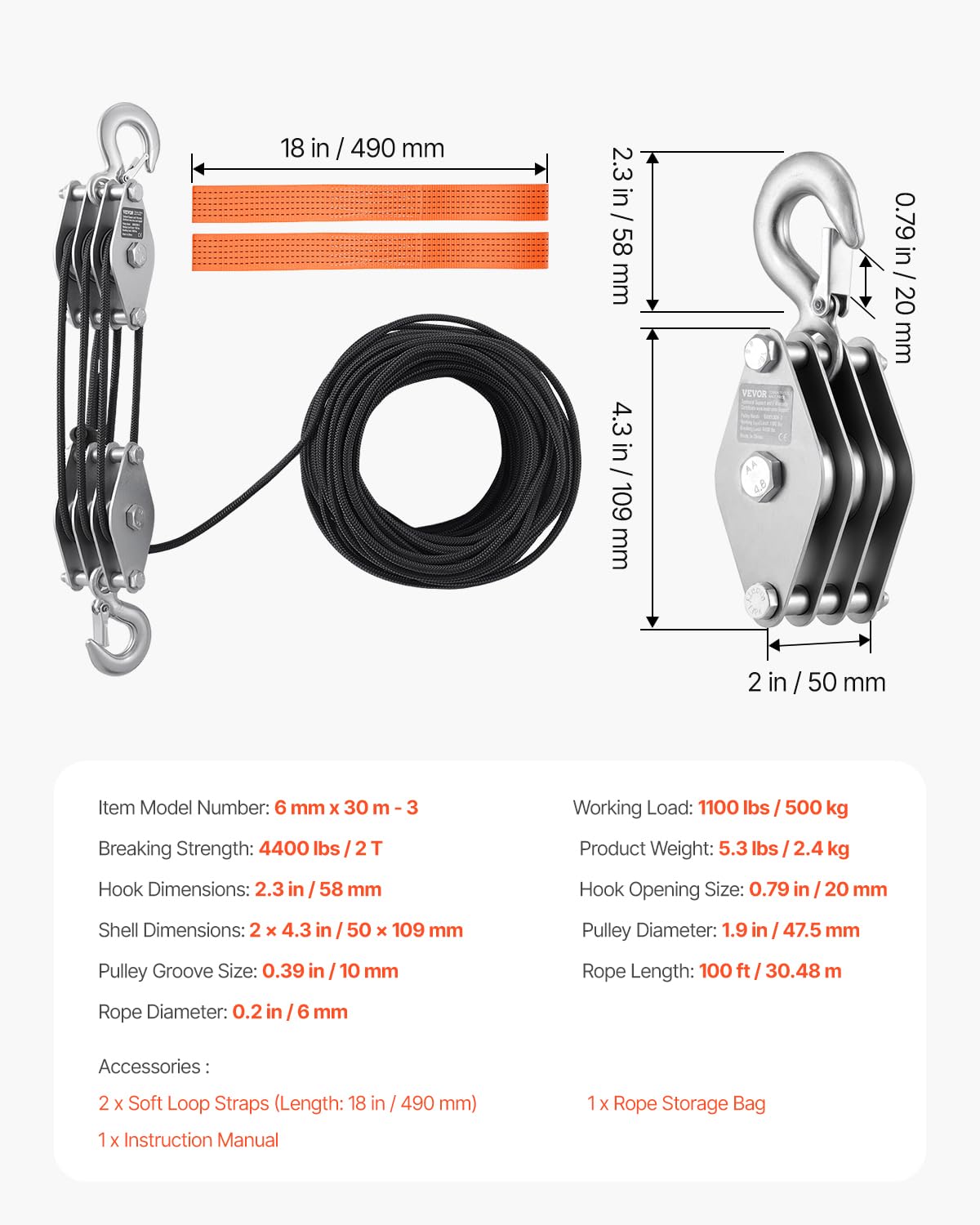 VEVOR 4400 lbs Breaking Strength 100 FT Rope Pulley Hoist, 5:1 Lifting Power Heavy Duty Pulley System with 2pcs Soft Loops, Metal Wheels Bearing Structure, Block and Tackle for Lifting Heavy Objects - Image 7
