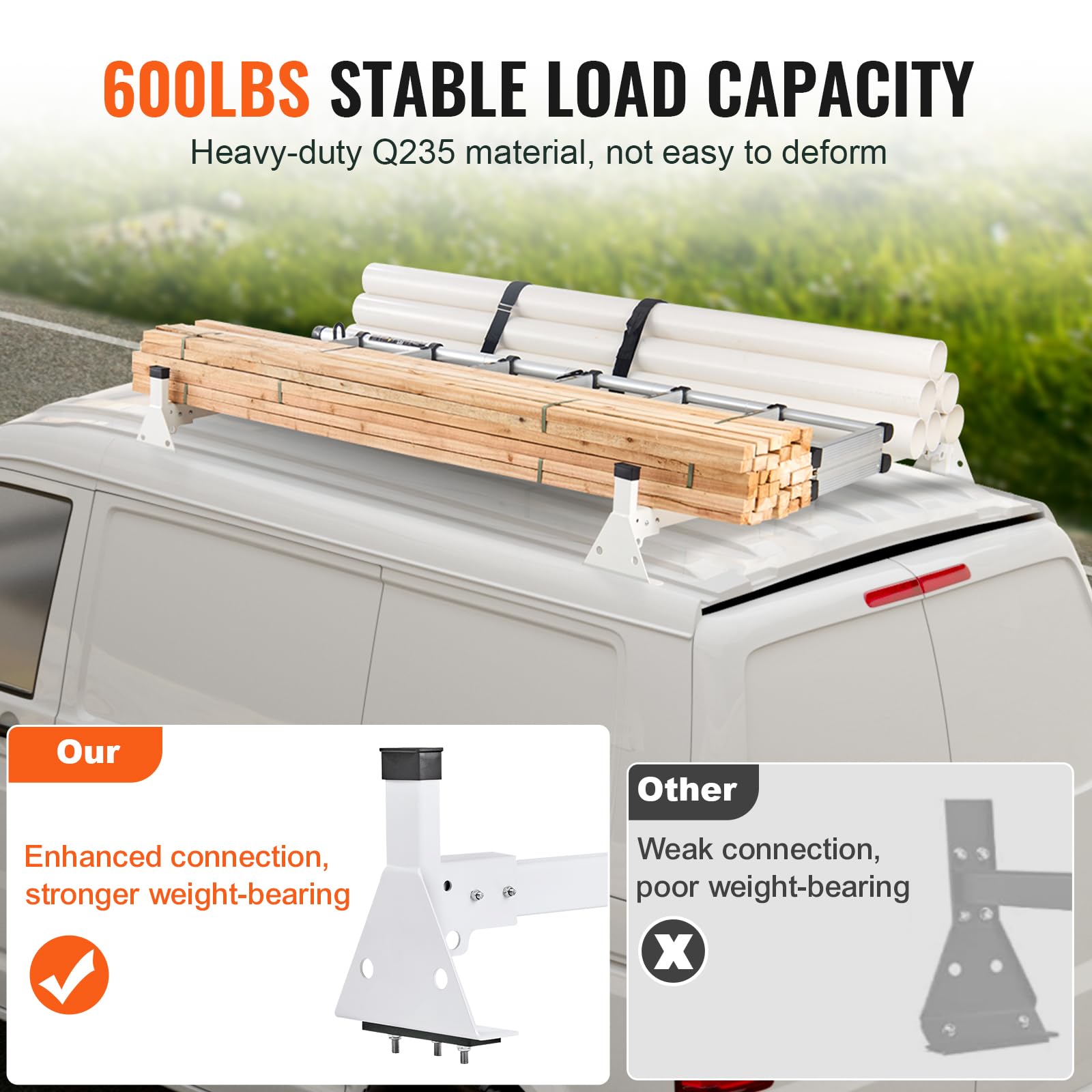 VEVOR 54" Van Roof Ladder Racks, 600 lbs Capacity Heavy-Duty Steel Roof Racks for Van, Drilling Racks with Straps, Fit for Ford Transit 150, 250, 350, 2015-2022, 2 Bars - Image 3