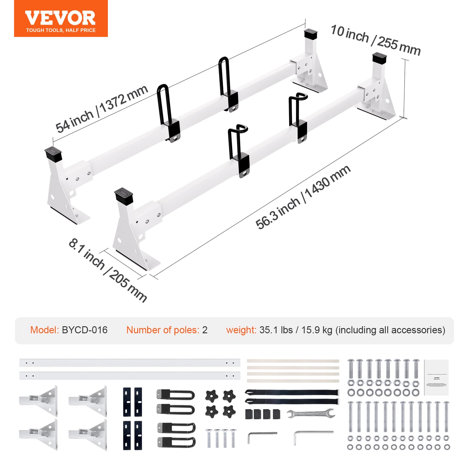 VEVOR 54" Van Roof Ladder Racks, 600 lbs Capacity Heavy-Duty Steel Roof Racks for Van, Drilling Racks with Straps, Fit for Ford Transit 150, 250, 350, 2015-2022, 2 Bars - Image 7
