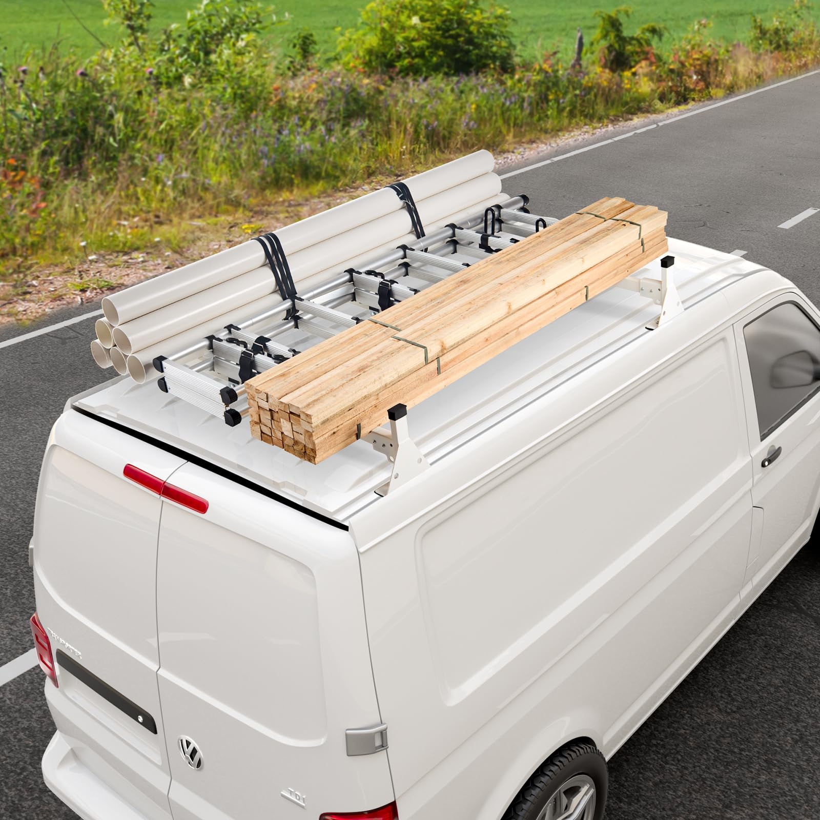 VEVOR 54" Van Roof Ladder Racks, 600 lbs Capacity Heavy-Duty Steel Roof Racks for Van, Drilling Racks with Straps, Fit for Ford Transit 150, 250, 350, 2015-2022, 2 Bars - Image 8