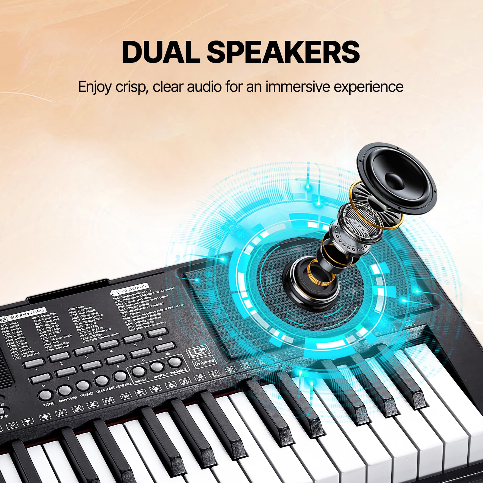 VEVOR 61 Key Digital Keyboard Piano, 200 Tones 200 Rhythms, Electric Portable Piano Keyboard Kit with 60 Demo Songs Built-In Dual Speakers Headphones, Piano Stickers for Beginners Learning - Image 5