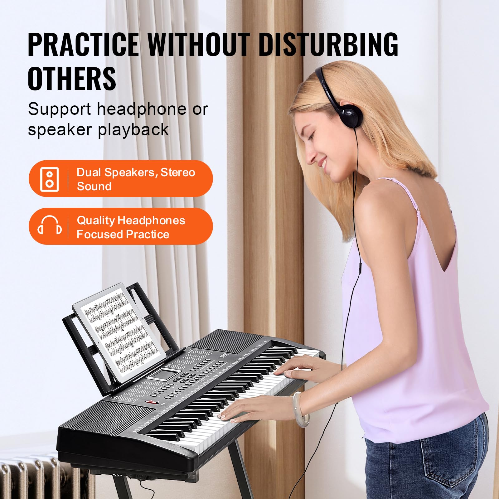 VEVOR 61 Key Digital Keyboard Piano, 200 Tones 200 Rhythms, Electric Portable Piano Keyboard Kit with 60 Demo Songs Built-In Dual Speakers Headphones, Piano Stickers for Beginners Learning - Image 6