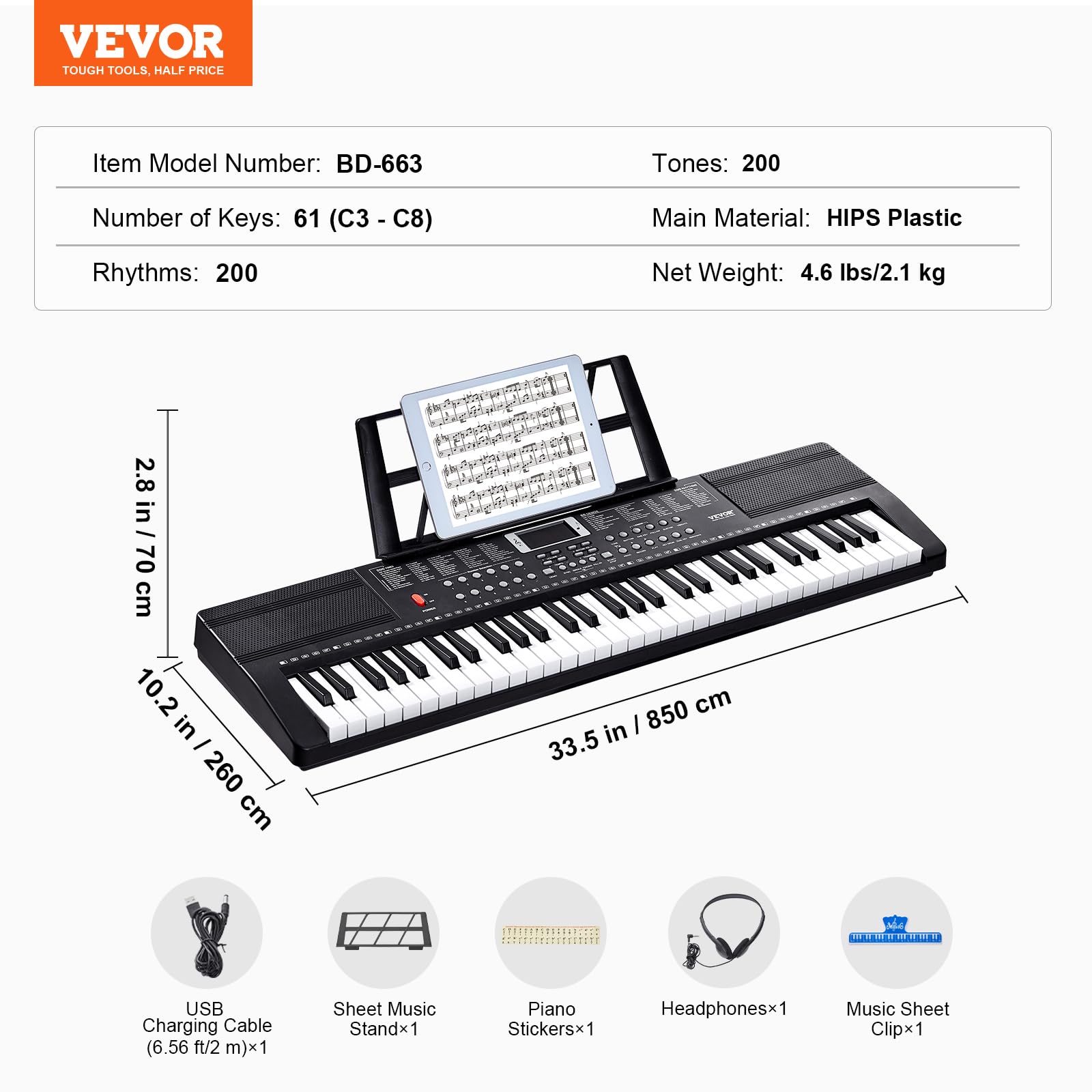 VEVOR 61 Key Digital Keyboard Piano, 200 Tones 200 Rhythms, Electric Portable Piano Keyboard Kit with 60 Demo Songs Built-In Dual Speakers Headphones, Piano Stickers for Beginners Learning - Image 7
