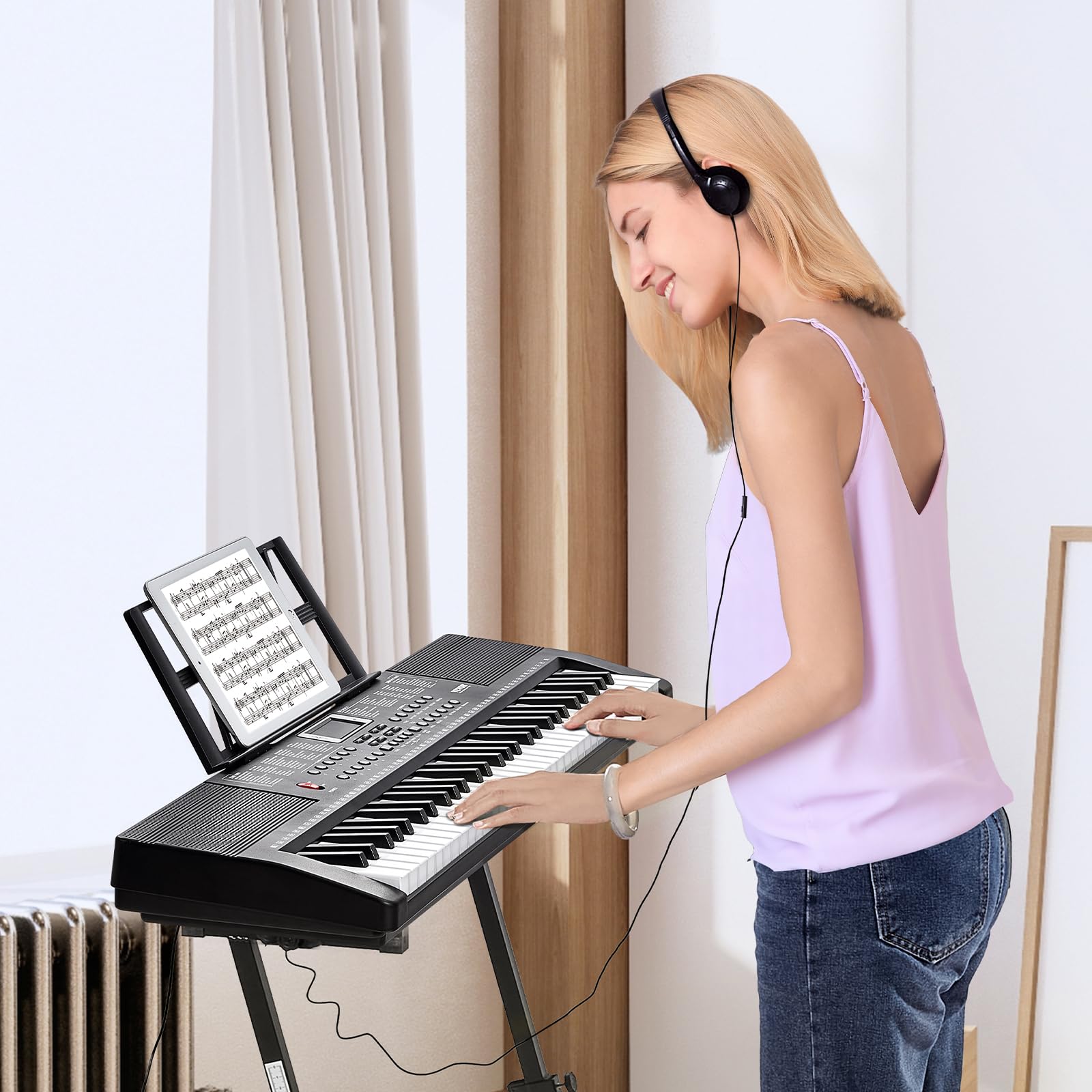 VEVOR 61 Key Digital Keyboard Piano, 200 Tones 200 Rhythms, Electric Portable Piano Keyboard Kit with 60 Demo Songs Built-In Dual Speakers Headphones, Piano Stickers for Beginners Learning - Image 8