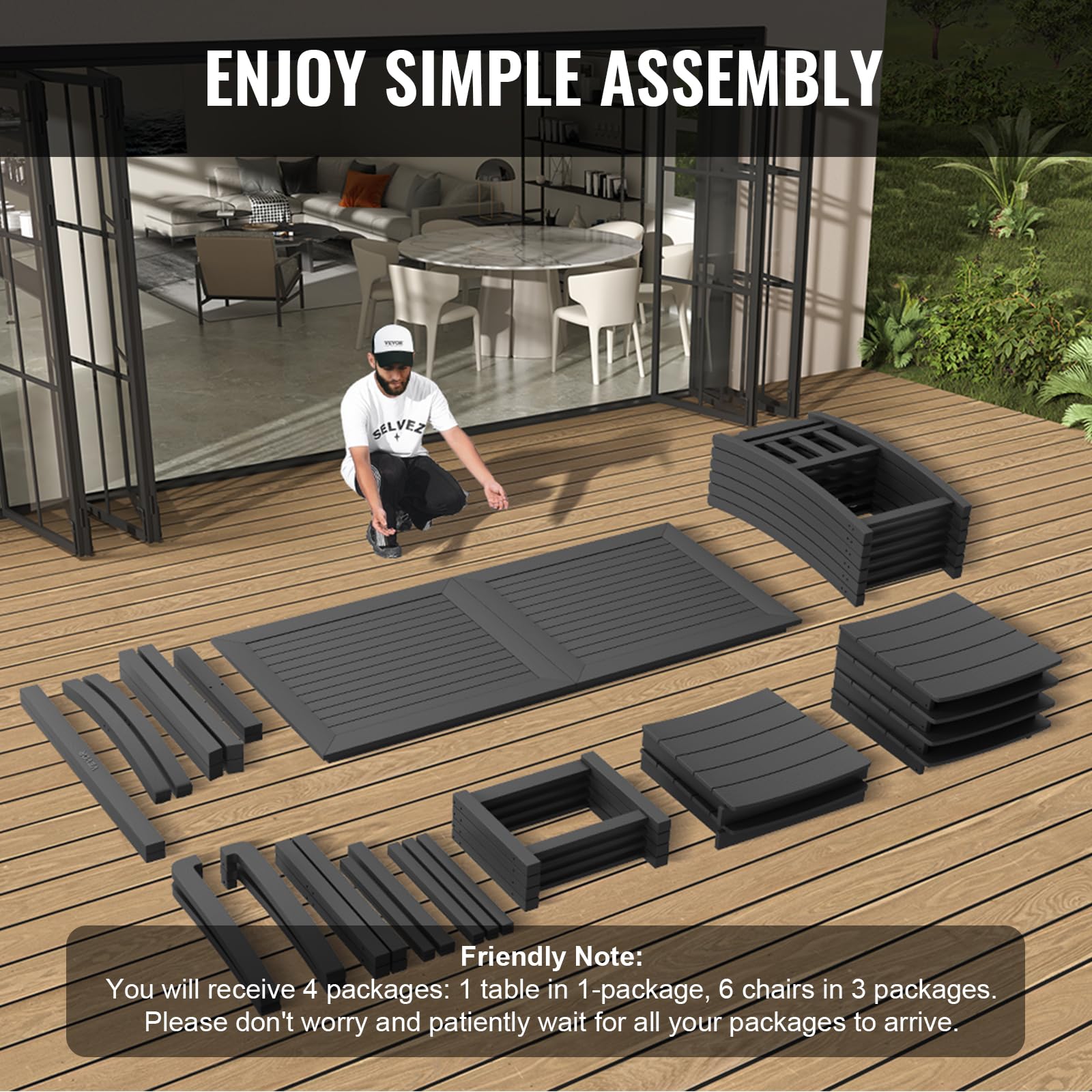 VEVOR 7 Pieces Patio Dining Set, Outdoor Rectangle Furniture Table and Chairs Set, All Weather Garden Furniture Table Sets, HIPS Patio Conversation Set, for Lawn, Deck, Backyard, Poolside - Image 7